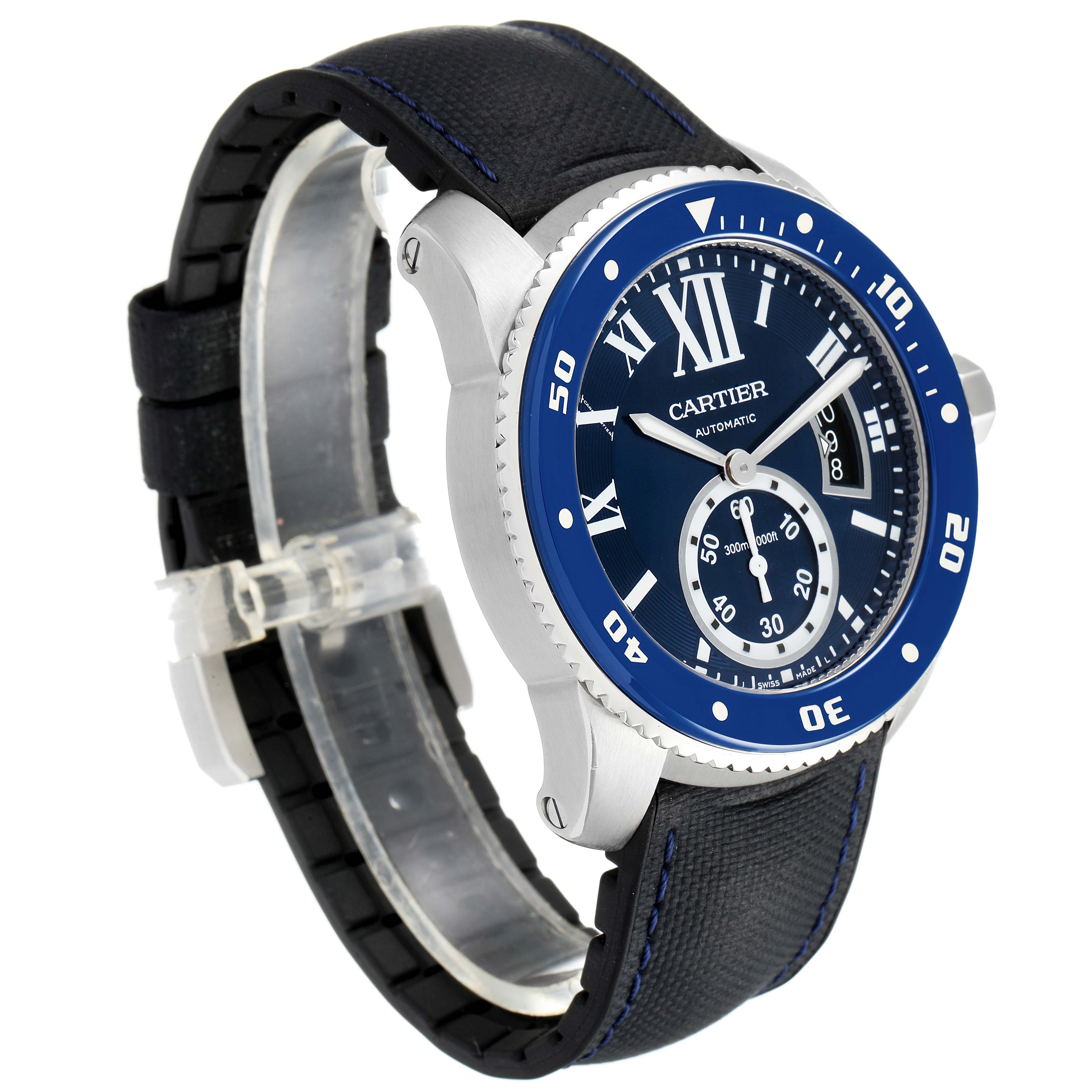 The image shows a right-angle view of the Calibre de Cartier watch by Cartier, highlighting the case, bezel, dial, and strap.