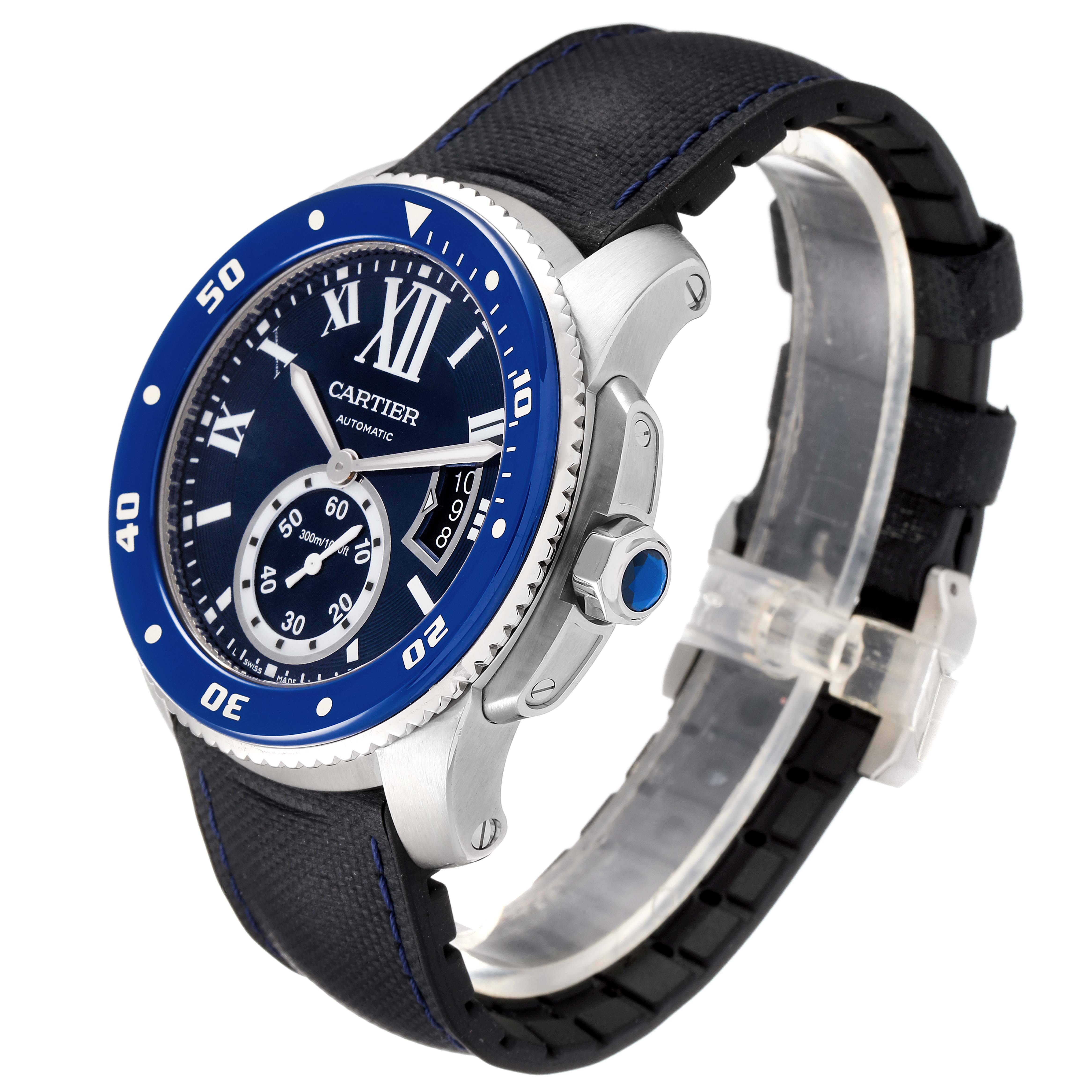 The image shows a side-angle view of the Calibre de Cartier watch by Cartier, highlighting the bezel, dial, and strap.