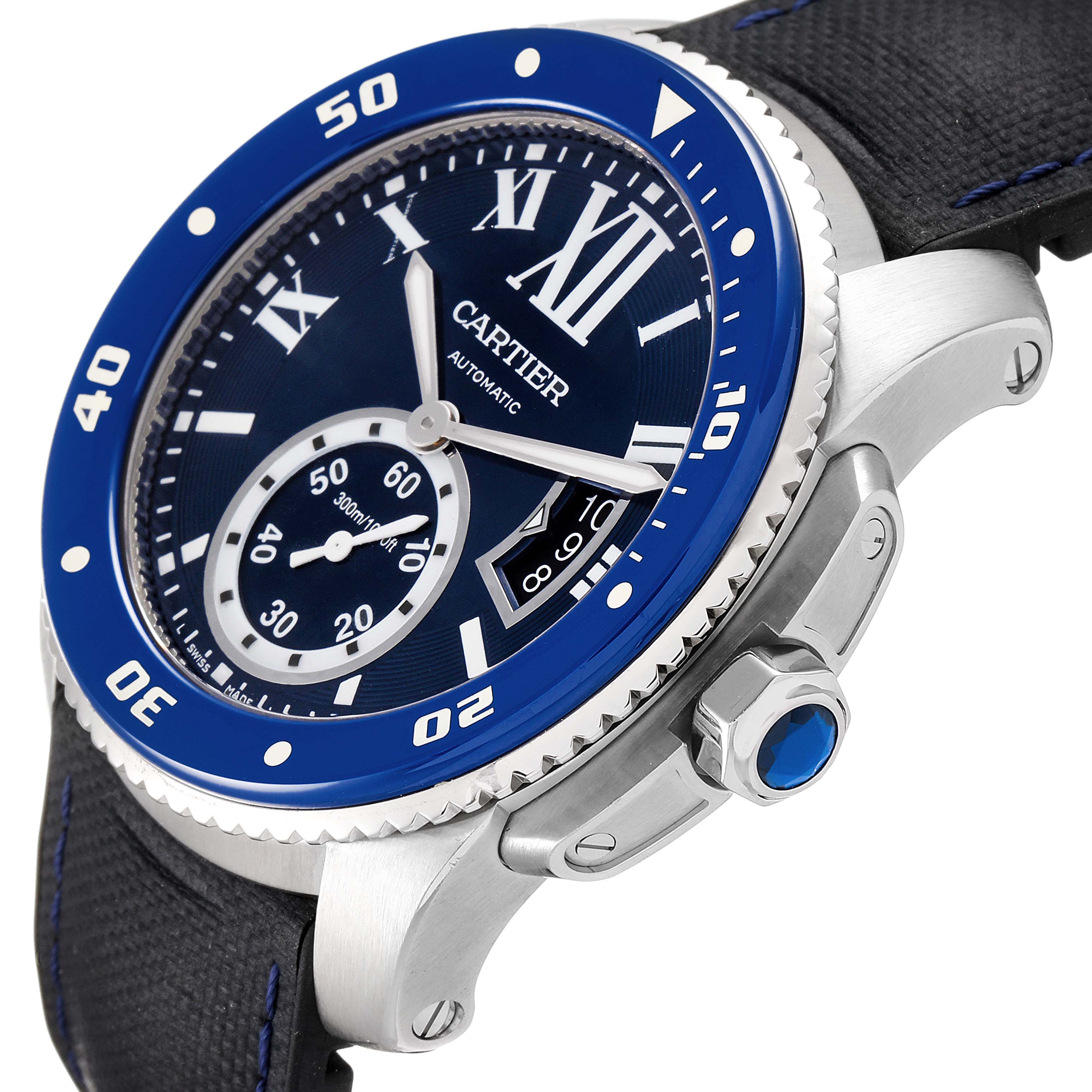 This image shows a close-up angle of a Calibre de Cartier watch by Cartier, highlighting the bezel, dial, and crown.