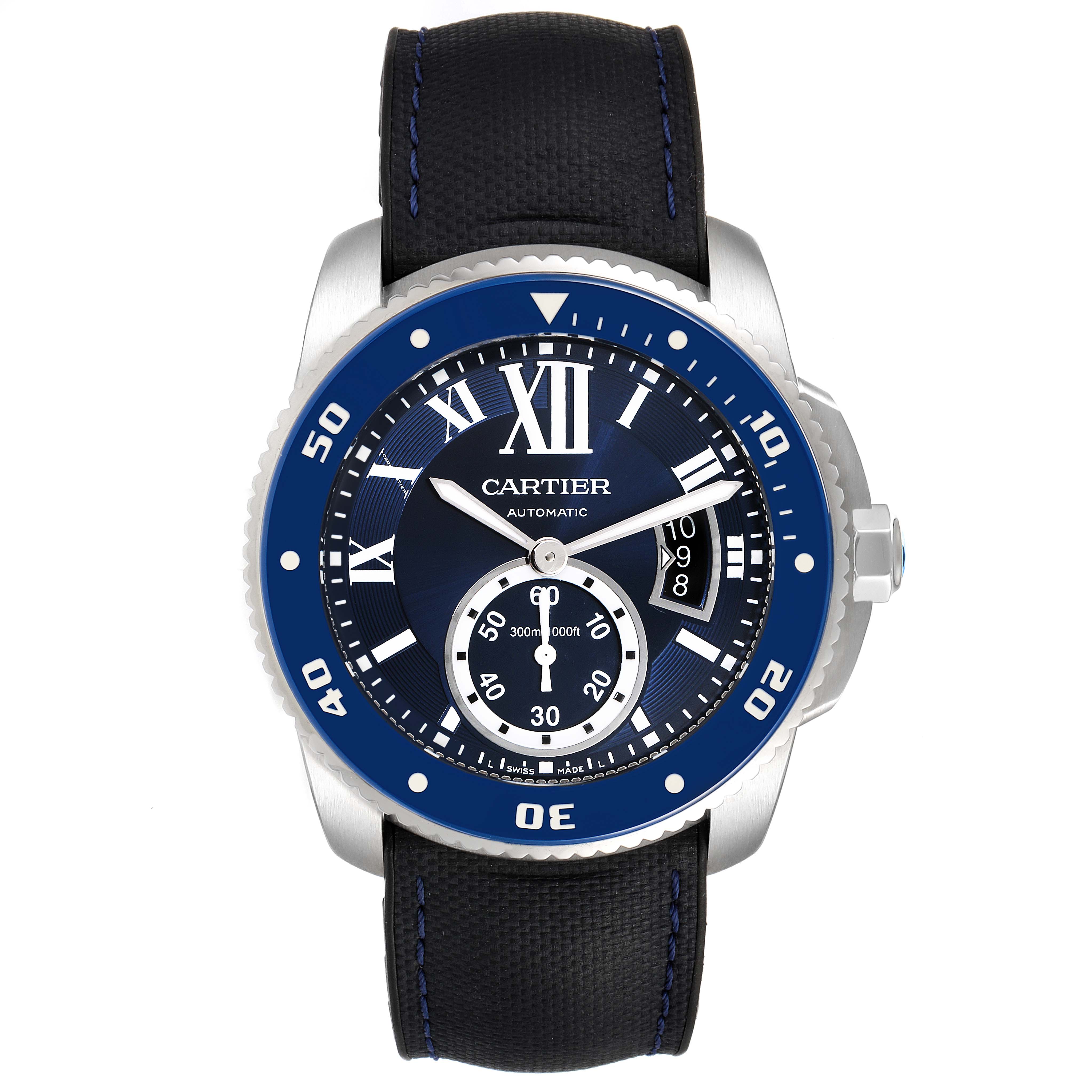 The image shows a front view of a Calibre de Cartier model by Cartier, featuring its face, bezel, strap, and crown.