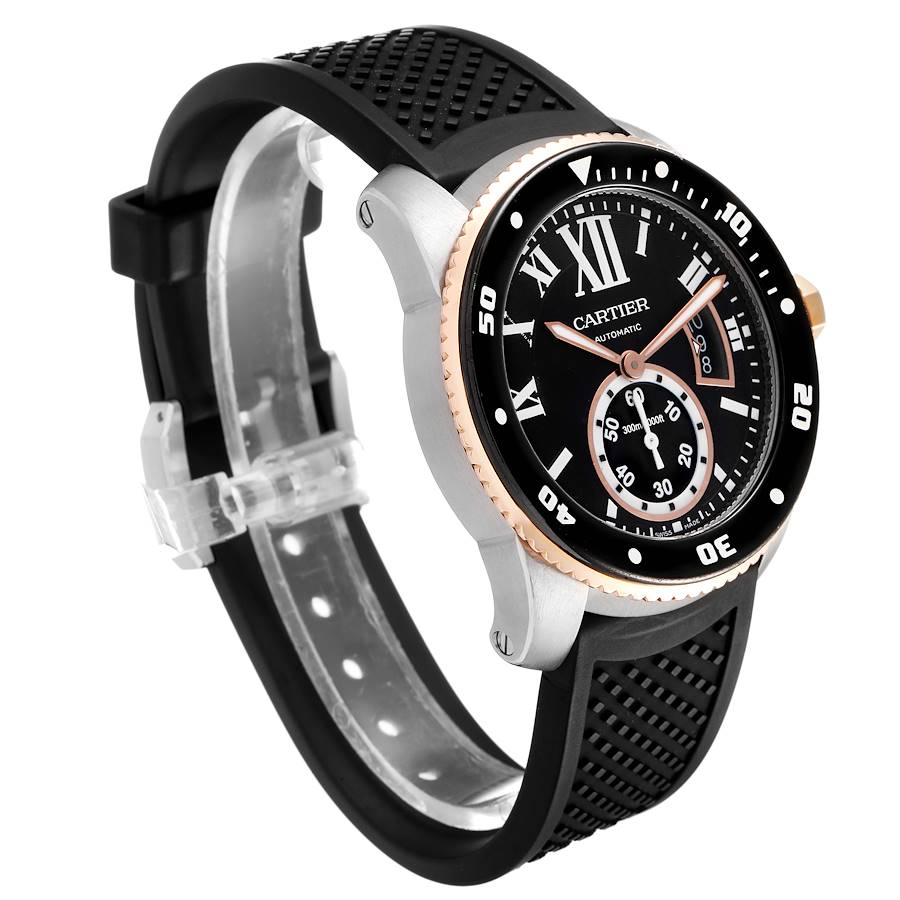 Cartier Calibre Diver Steel Rose Gold Rubber Strap Mens Watch