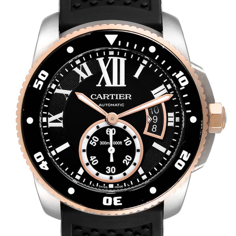 Cartier Calibre Diver Steel Rose Gold Rubber Strap Mens Watch W7100055 SwissWatchExpo