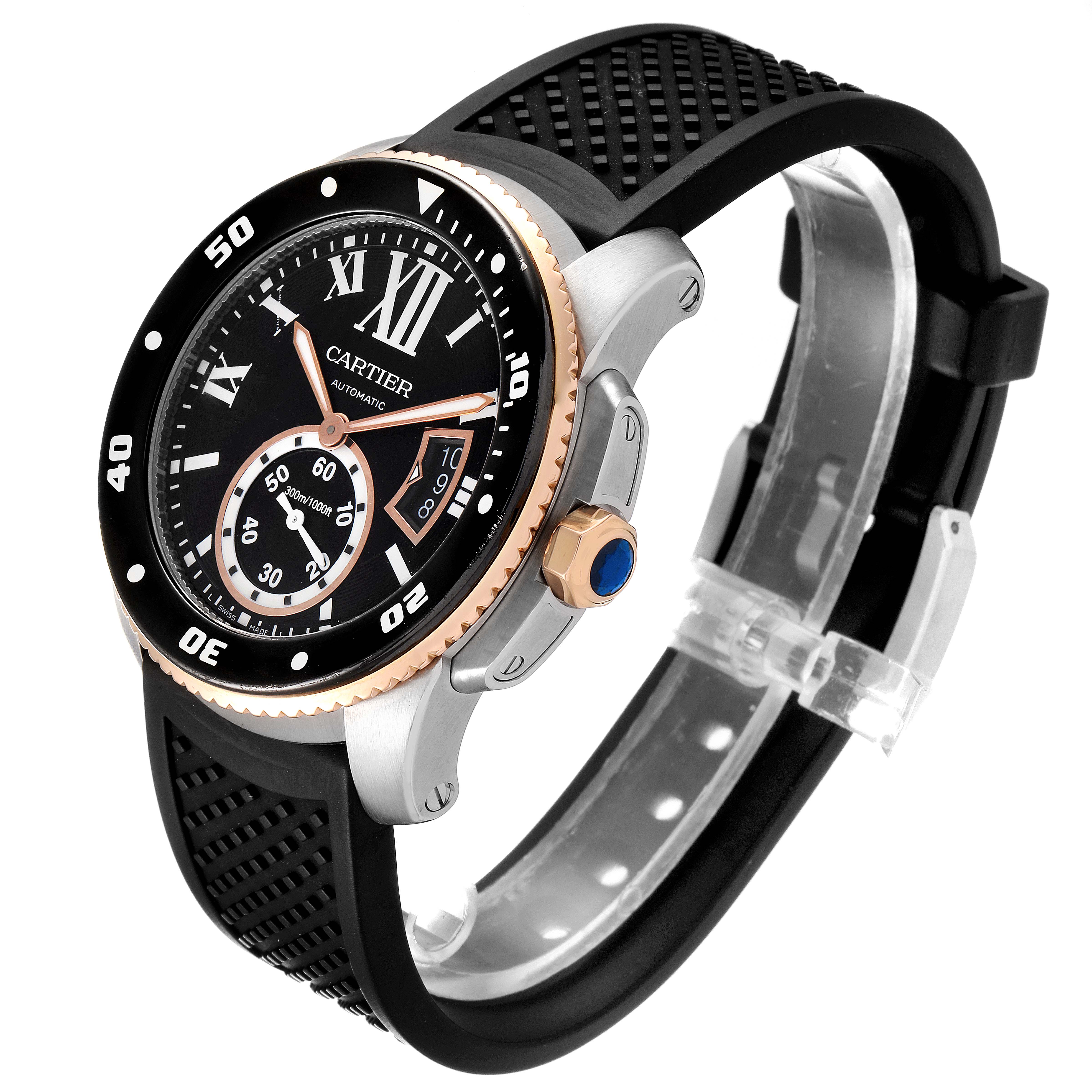 The image shows a side-angle view of the Calibre de Cartier watch by Cartier, highlighting its black band, bezel, and crown.