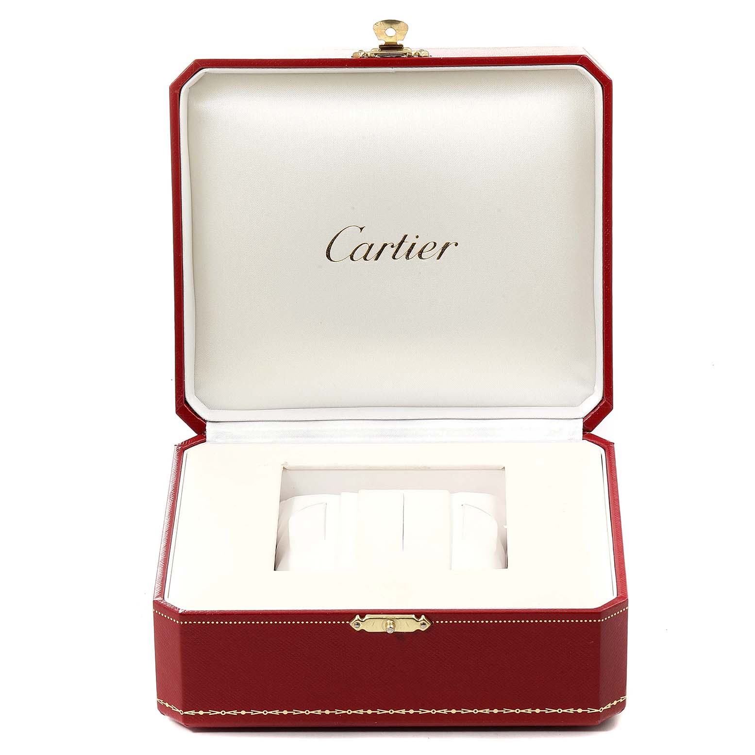 This image shows an open, empty Cartier watch box for the Calibre de Cartier model, showcasing the interior and its cushioning.