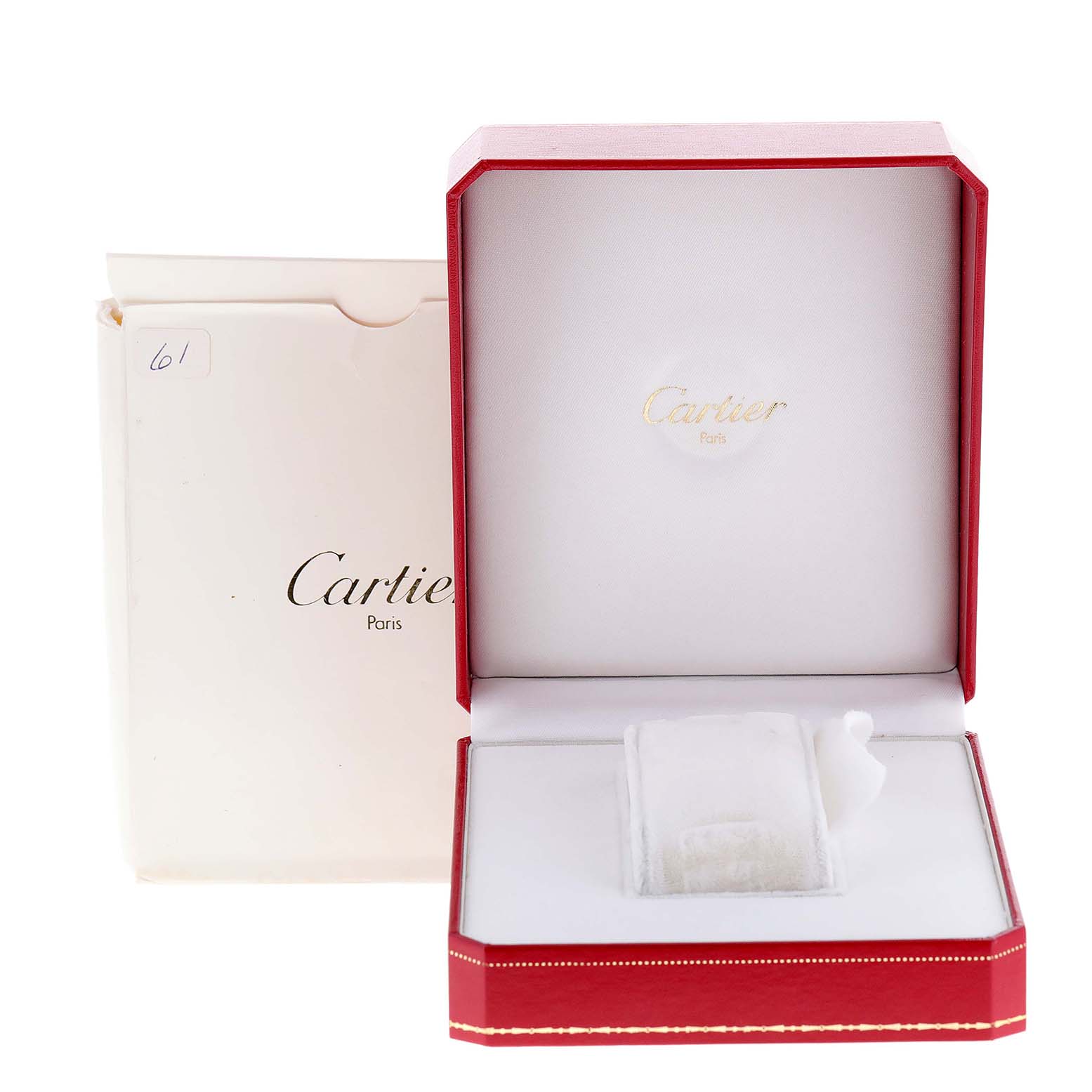 The image shows the open red and white box of a Panthere model by Cartier, with no watch inside.