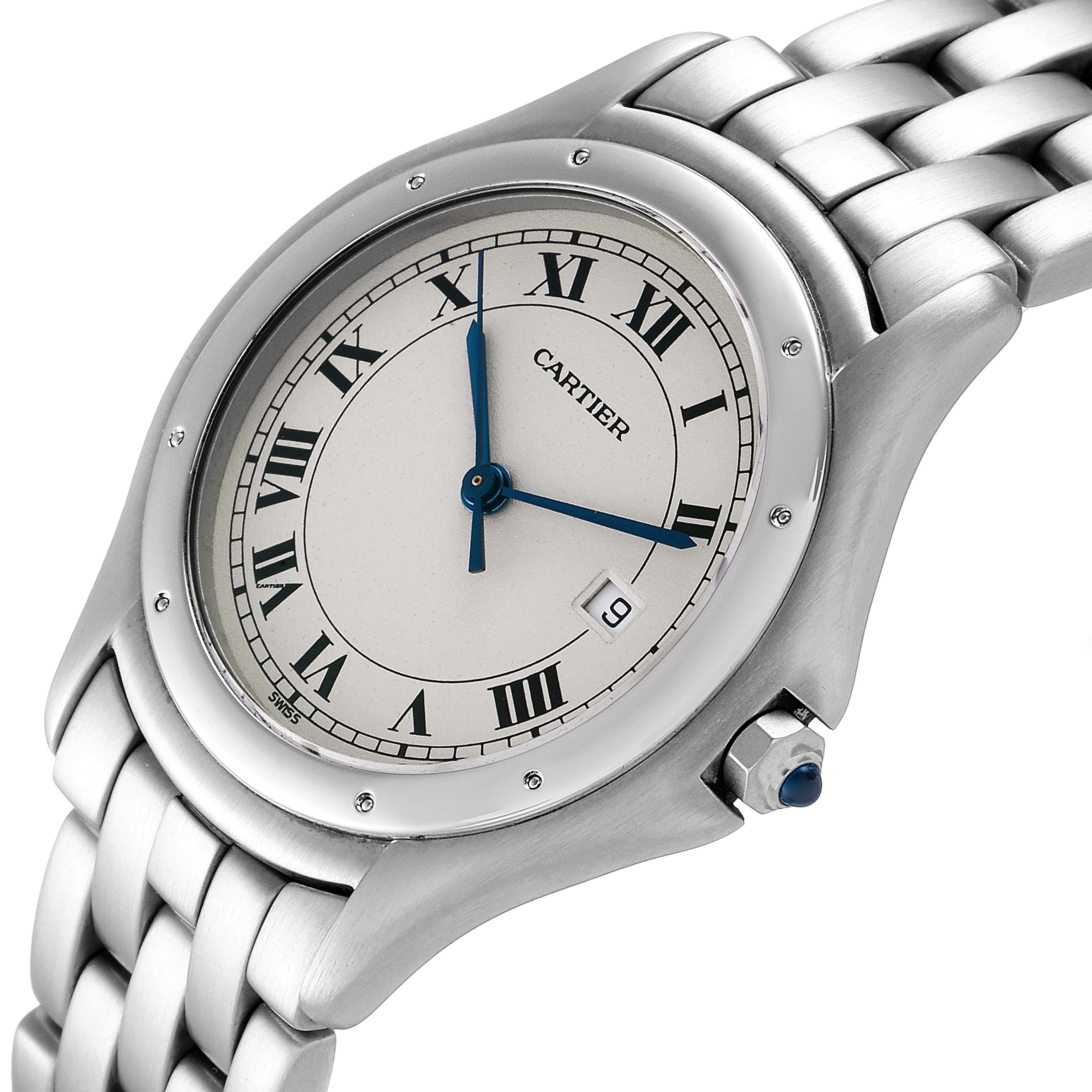The image shows a close-up angle of the face and bracelet of a Cartier Panthere 987904 Men
s Stainless Steel Silver Dial 987904 Men
s Stainless Steel Silver Dial watch, highlighting its Roman numeral dial and date window.