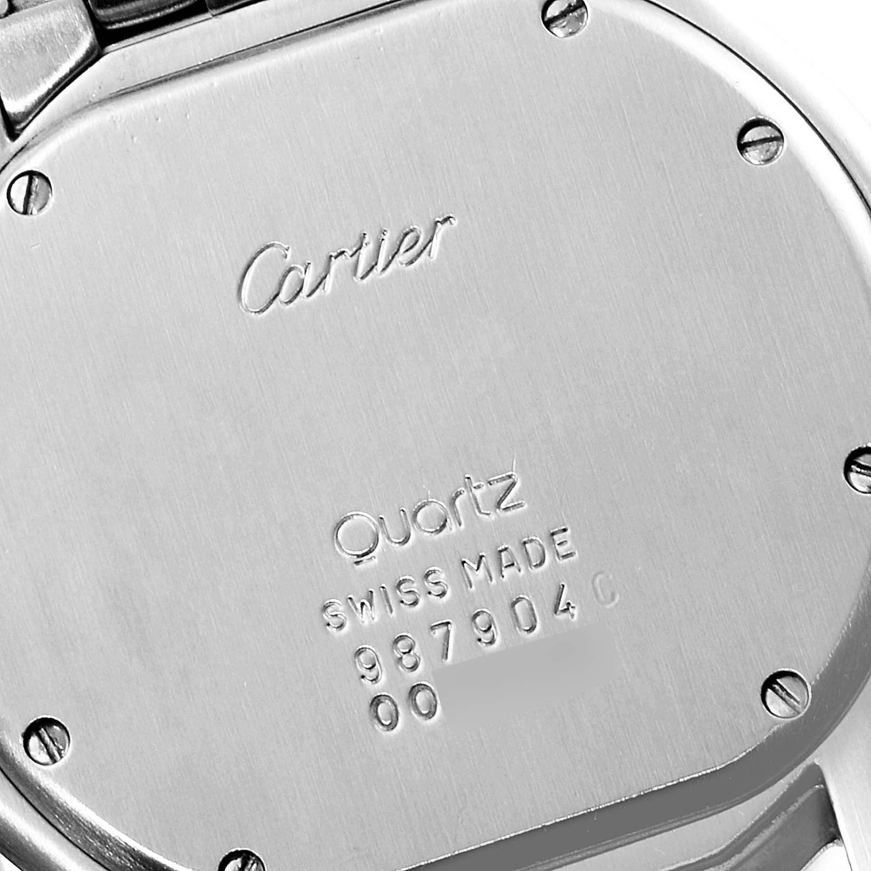 This image shows the back case of the Cartier Panthère watch, highlighting the brand name, model, and serial numbers.