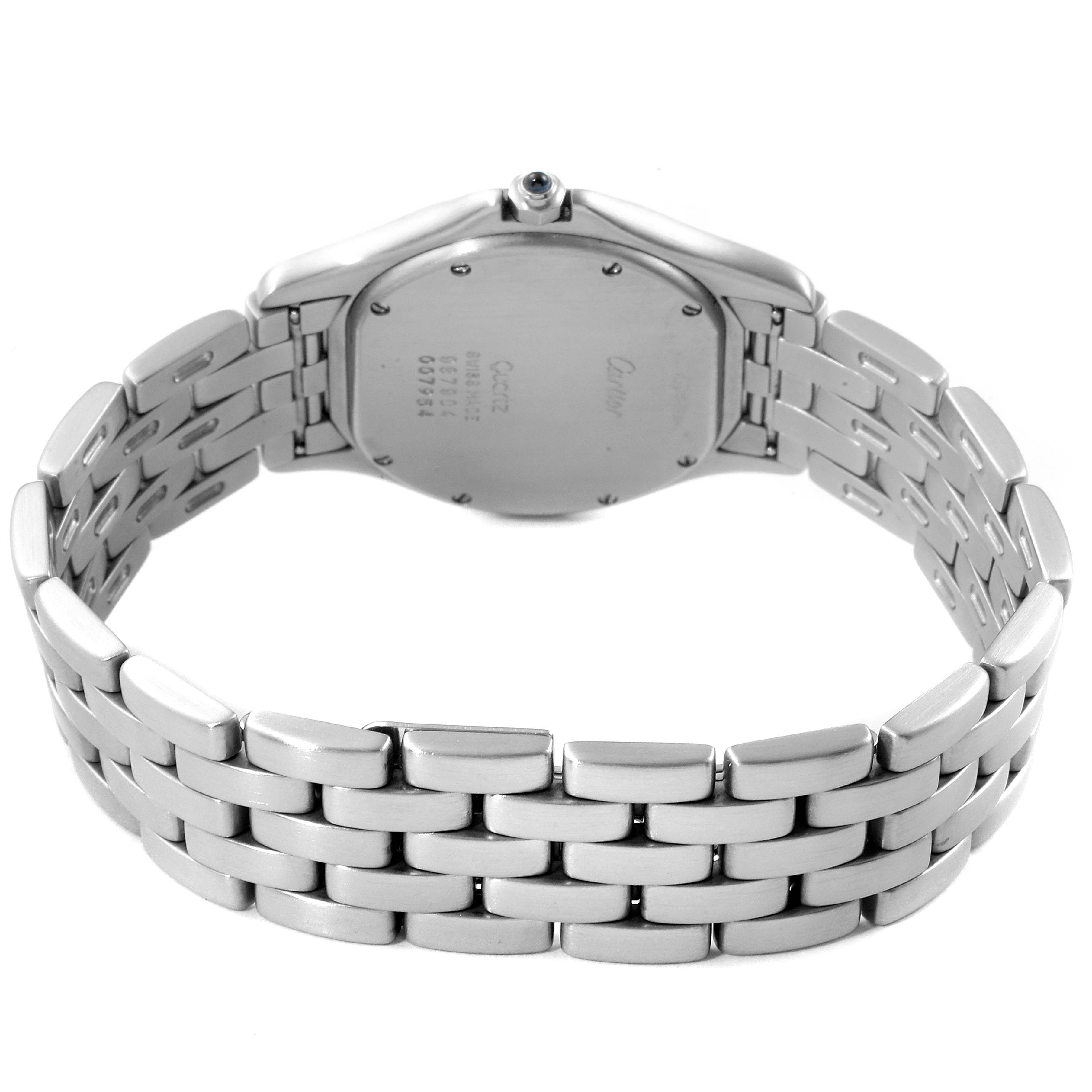 This image shows the back and bracelet of a Cartier Panthere 987904 Men
s Stainless Steel Silver Dial 987904 Men
s Stainless Steel Silver Dial watch from a rear angle.