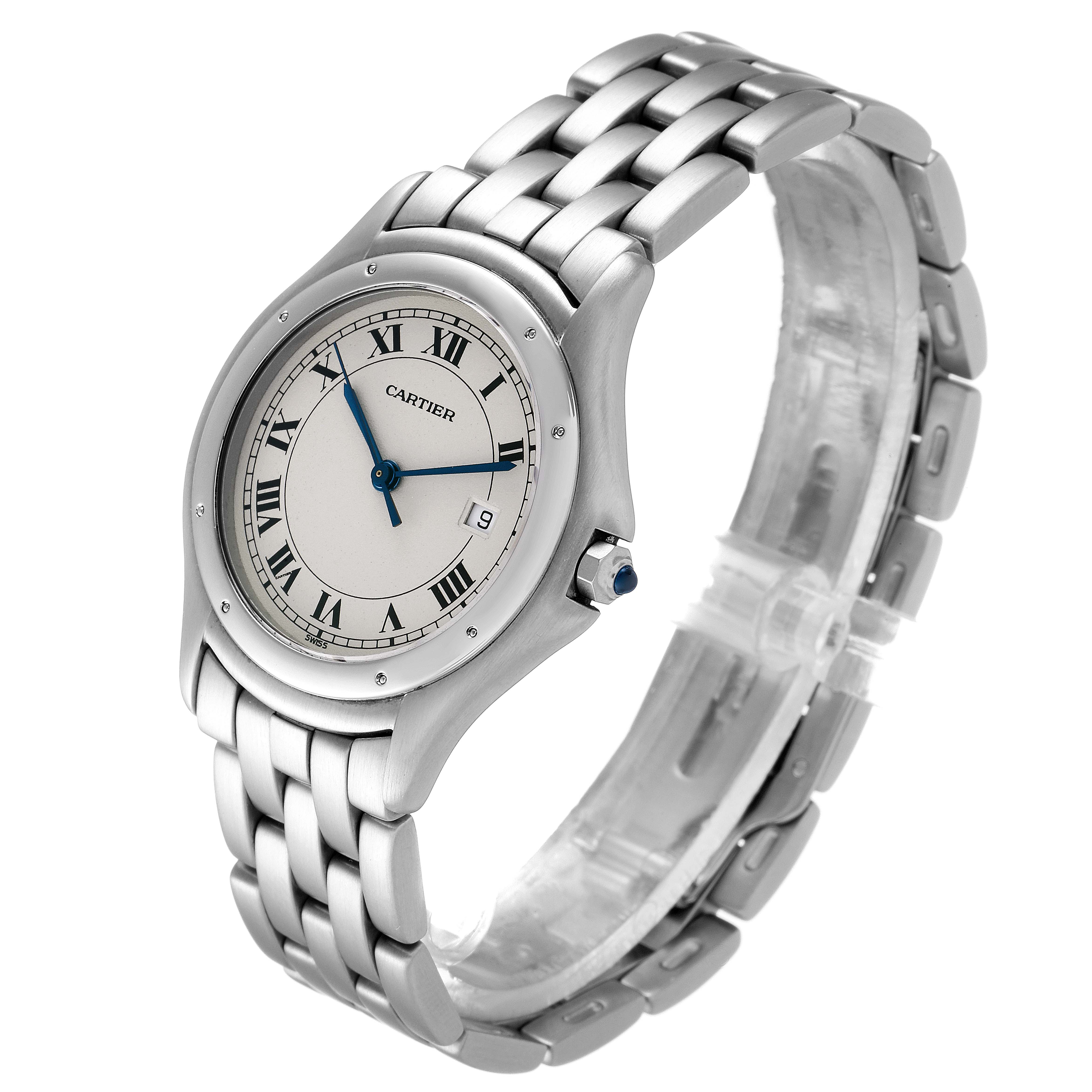 The watch is a Cartier Panthere 987904 Men
s Stainless Steel Silver Dial 987904 Men
s Stainless Steel Silver Dial model shown from a slight side angle, highlighting its face, bezel, and linked band.