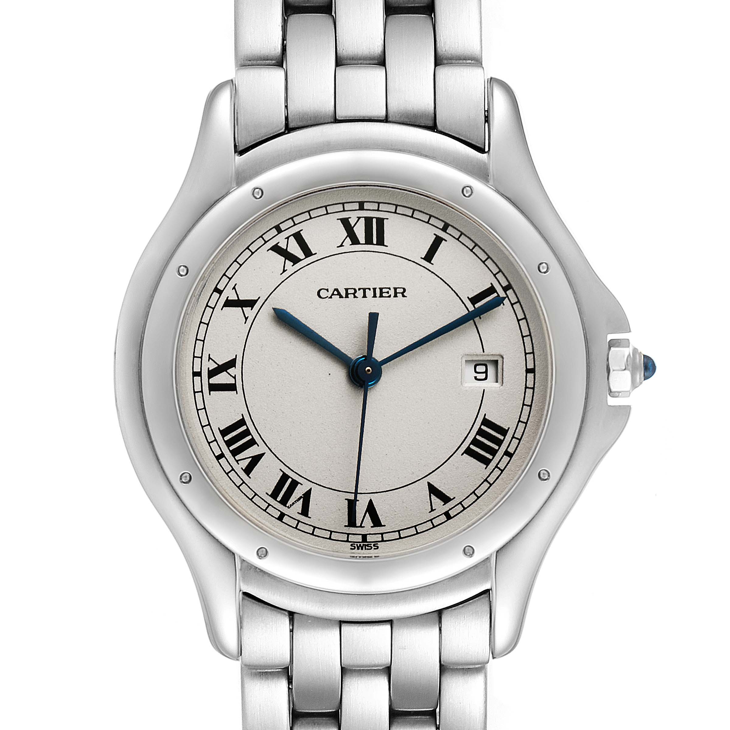 The image shows a front view of a Panthere model Cartier watch, displaying its dial, bracelet, and crown.