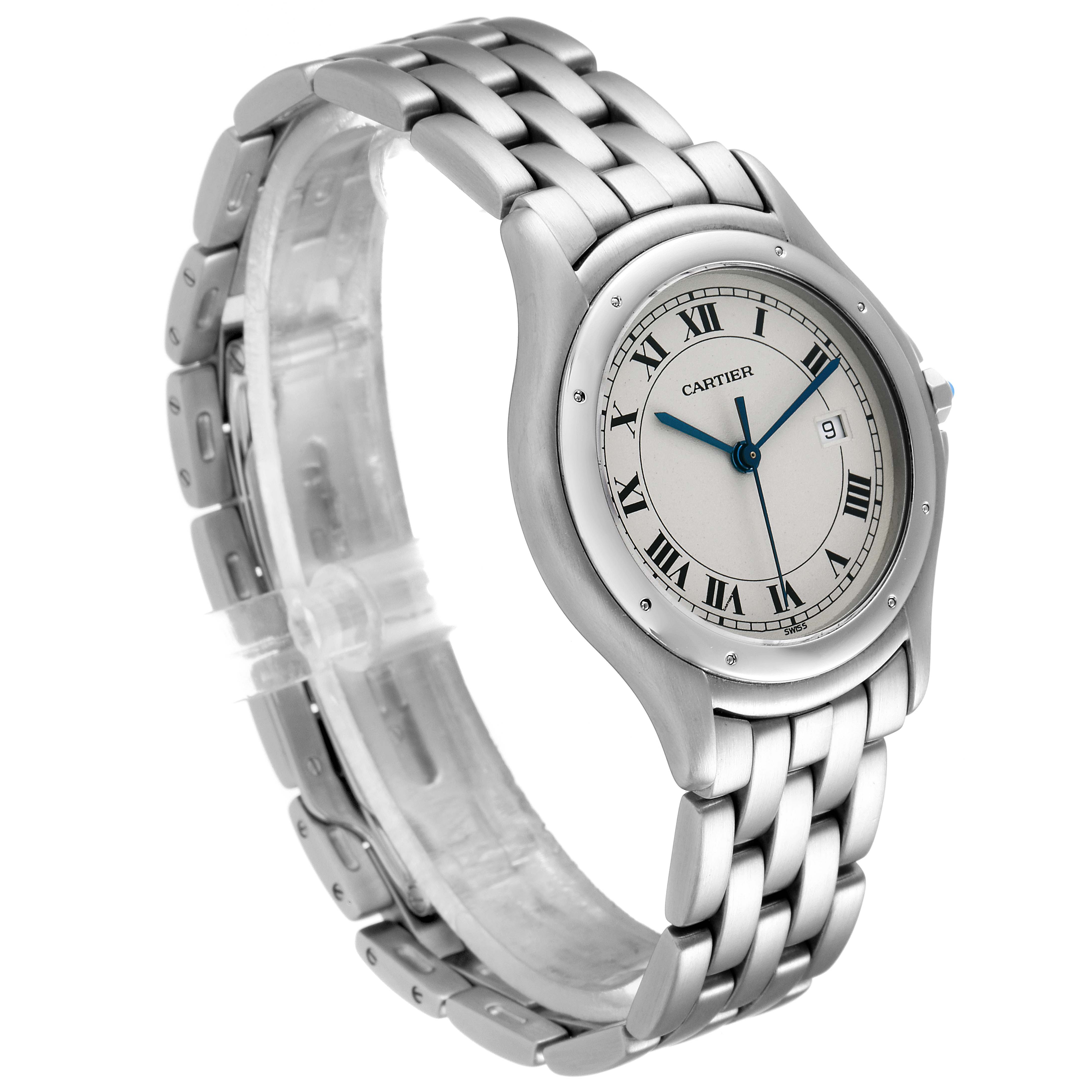 The image shows a Cartier Panthere 987904 Men
s Stainless Steel Silver Dial 987904 Men
s Stainless Steel Silver Dial model watch angled to display the face and metal band.