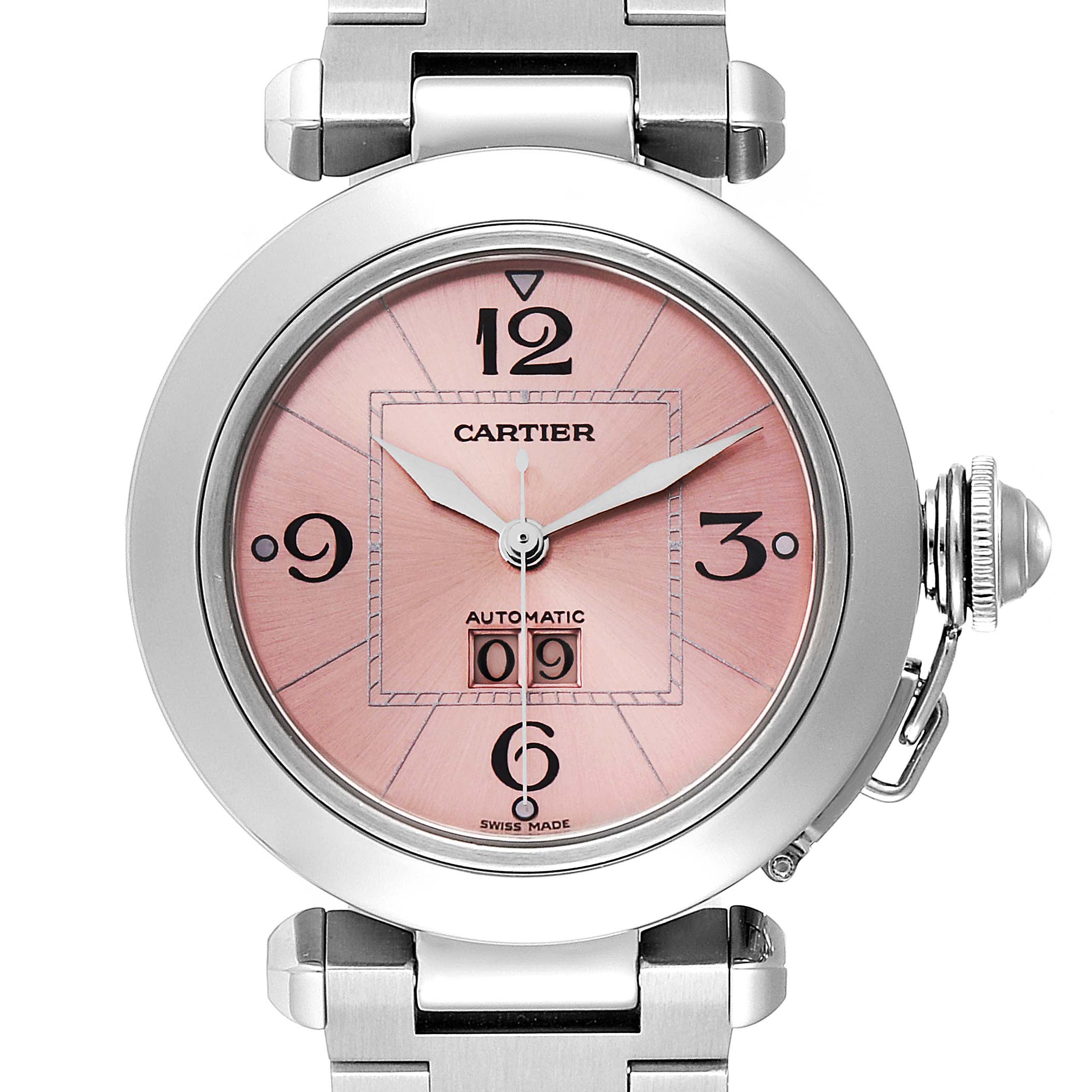 This image shows a frontal view of the Cartier Pasha W31058M7 Women
s Stainless Steel Pink Dial W31058M7 Women
s Stainless Steel Pink Dial watch, showcasing its pink dial, numerals, and metal bracelet.
