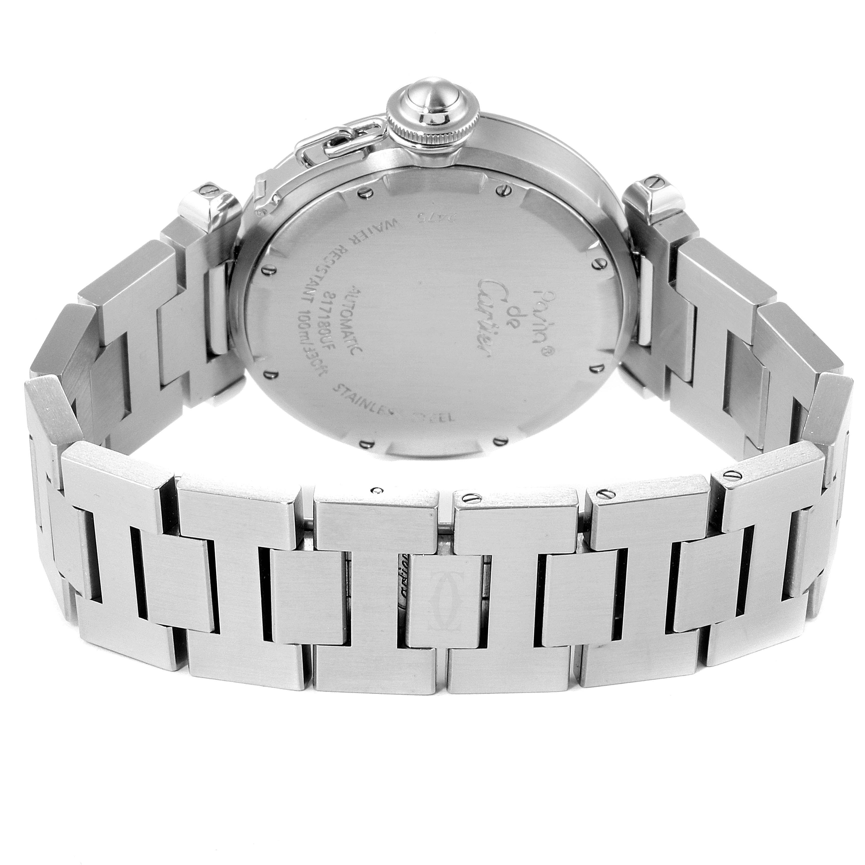 The image shows the back view of the Cartier Pasha W31058M7 Women
s Stainless Steel Pink Dial W31058M7 Women
s Stainless Steel Pink Dial watch, displaying its case back and stainless steel bracelet.
