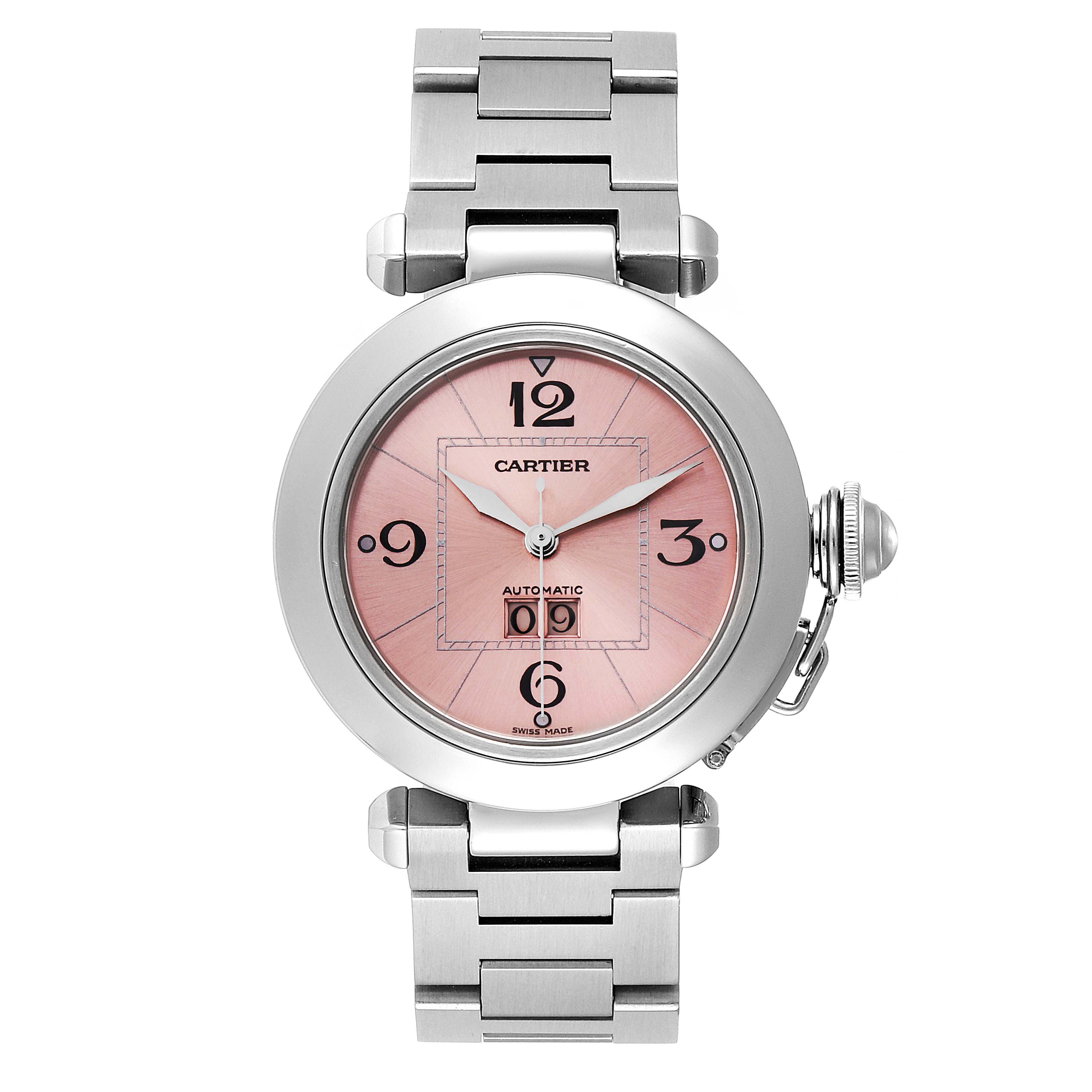 The image shows a front view of the Cartier Pasha W31058M7 Women
s Stainless Steel Pink Dial W31058M7 Women
s Stainless Steel Pink Dial watch with a pink dial and stainless steel bracelet.