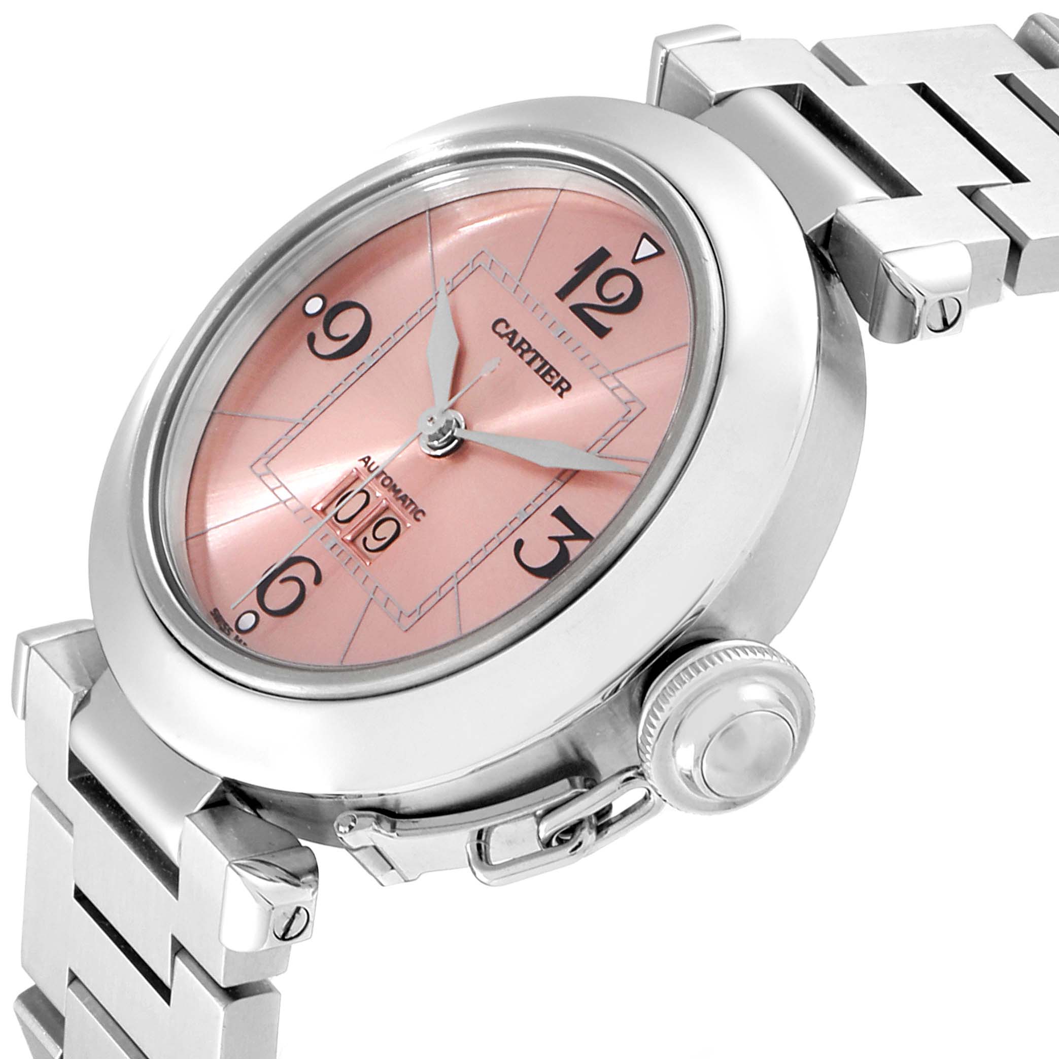 The image shows a side angle of the Cartier Pasha W31058M7 Women
s Stainless Steel Pink Dial W31058M7 Women
s Stainless Steel Pink Dial watch, highlighting its face, bezel, crown, and part of the bracelet.