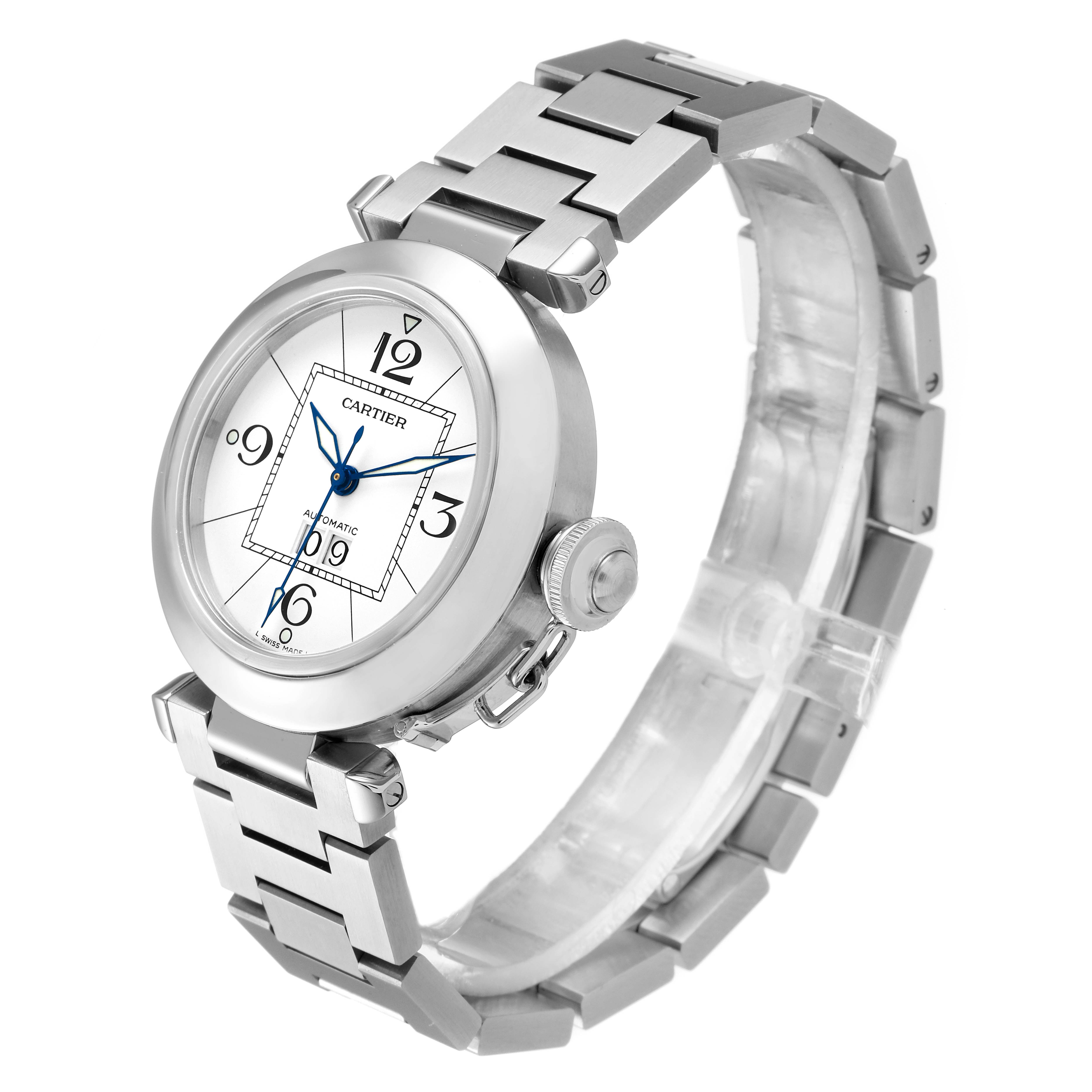 The image shows a Cartier Pasha W31055M7 Men's Stainless Steel White Dial W31055M7 Men's Stainless Steel White Dial watch from a side angle, highlighting its face, bezel, and metal bracelet.