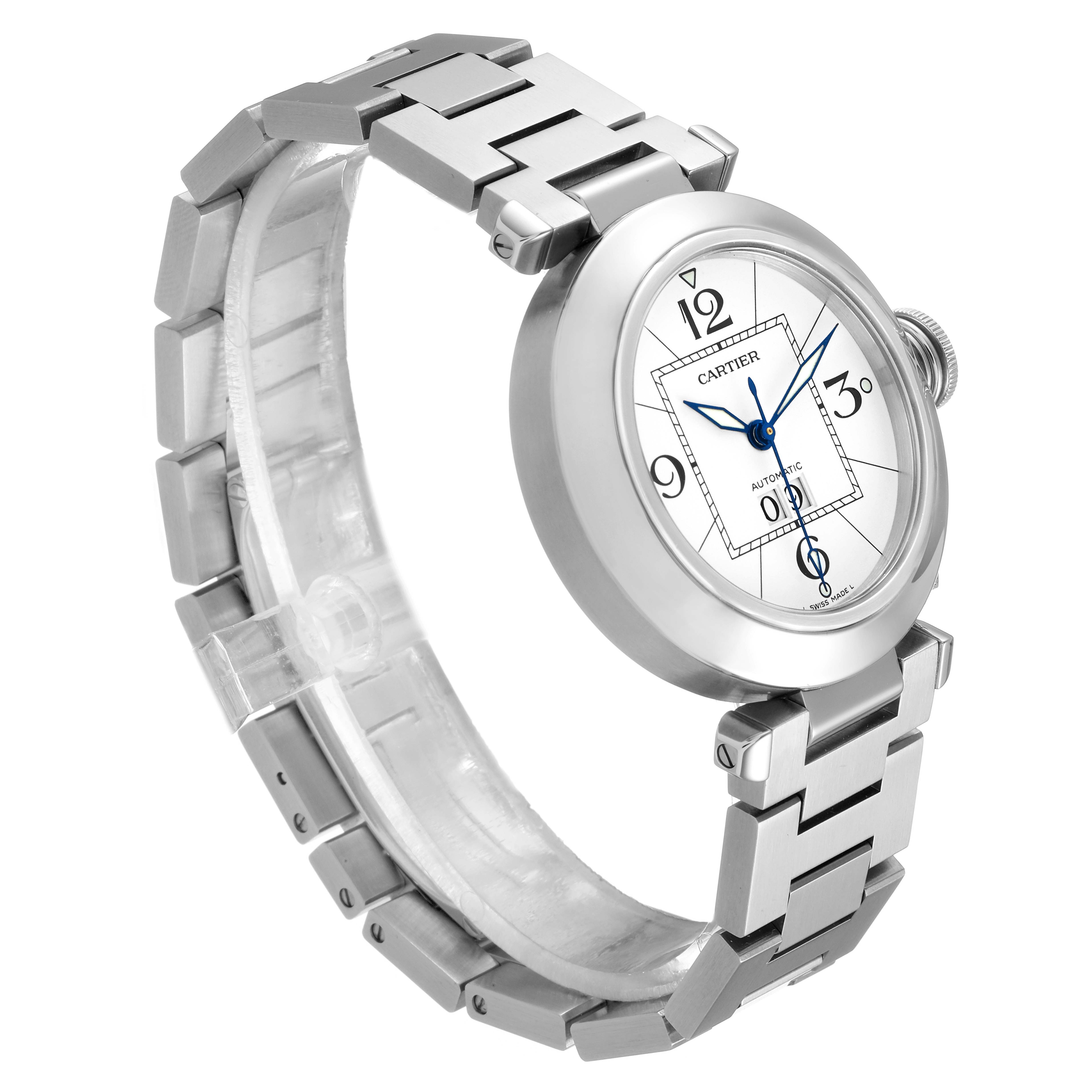 The Cartier Pasha W31055M7 Men's Stainless Steel White Dial W31055M7 Men's Stainless Steel White Dial watch is shown at a three-quarter angle, displaying the face, crown, and metal bracelet.