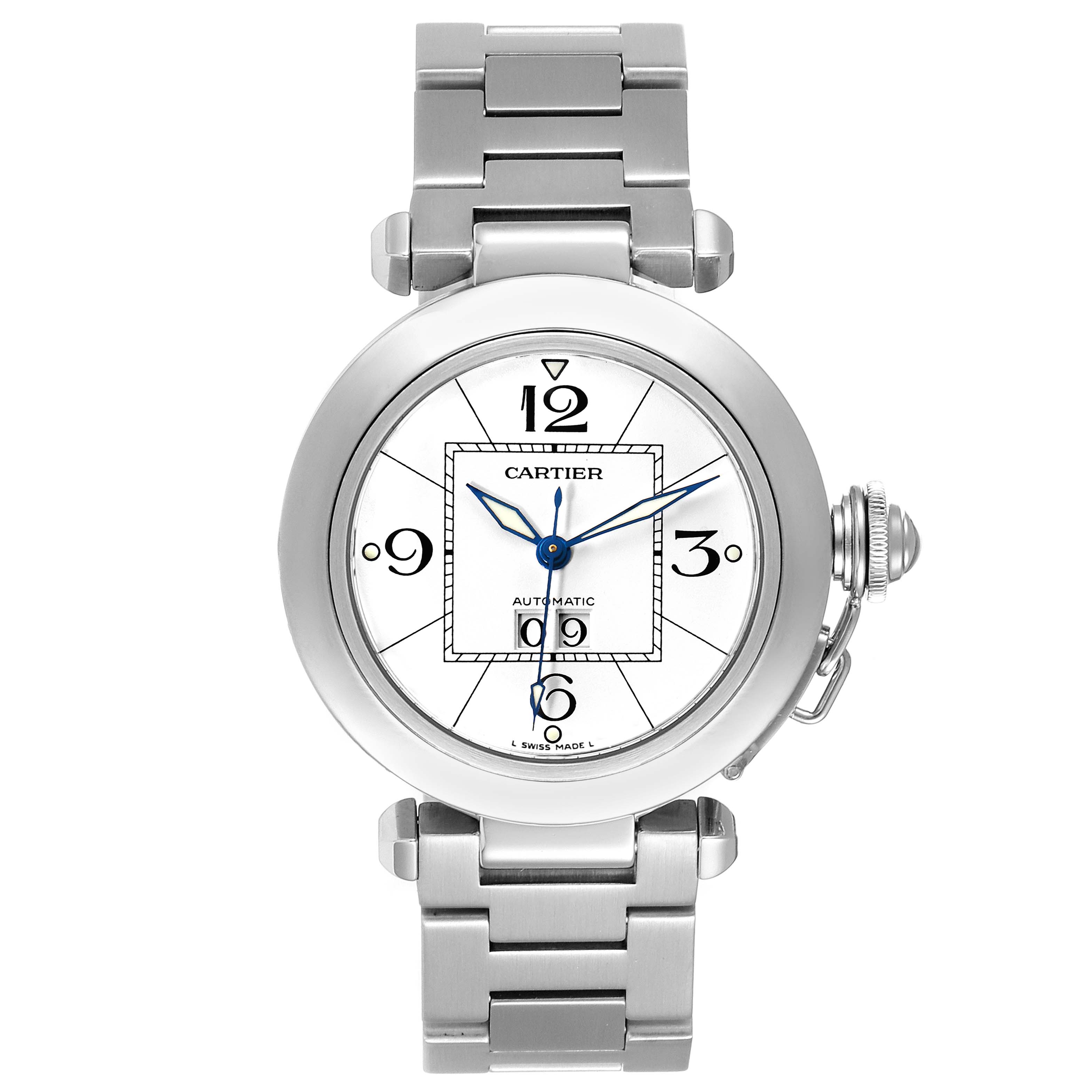 The image shows a front view of the Cartier Pasha W31055M7 Men's Stainless Steel White Dial W31055M7 Men's Stainless Steel White Dial watch, displaying its round face, Arabic numerals, and stainless steel bracelet.