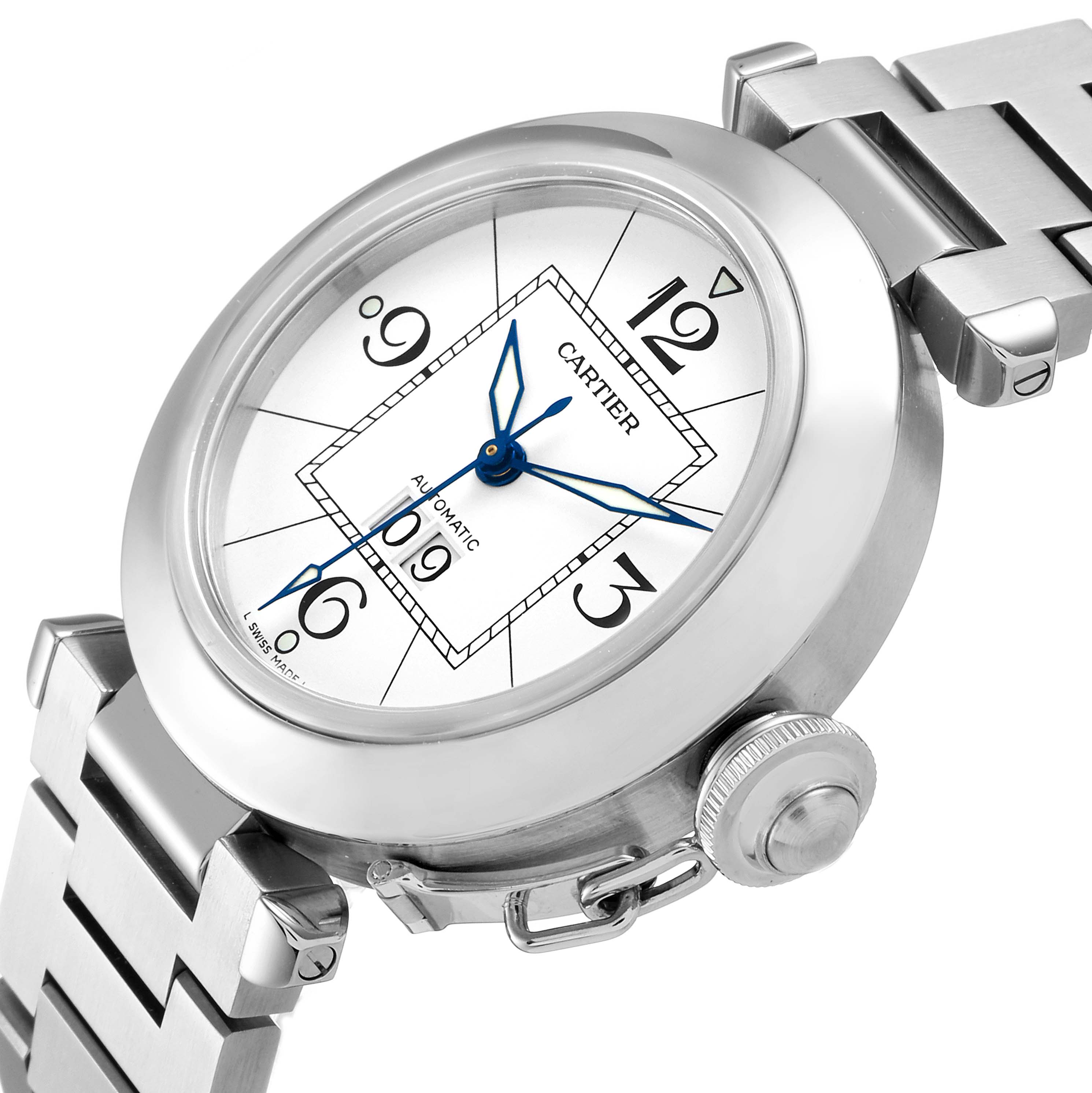 This image shows a close-up side angle of the Cartier Pasha W31055M7 Men's Stainless Steel White Dial W31055M7 Men's Stainless Steel White Dial watch highlighting the dial, bracelet, and crown.