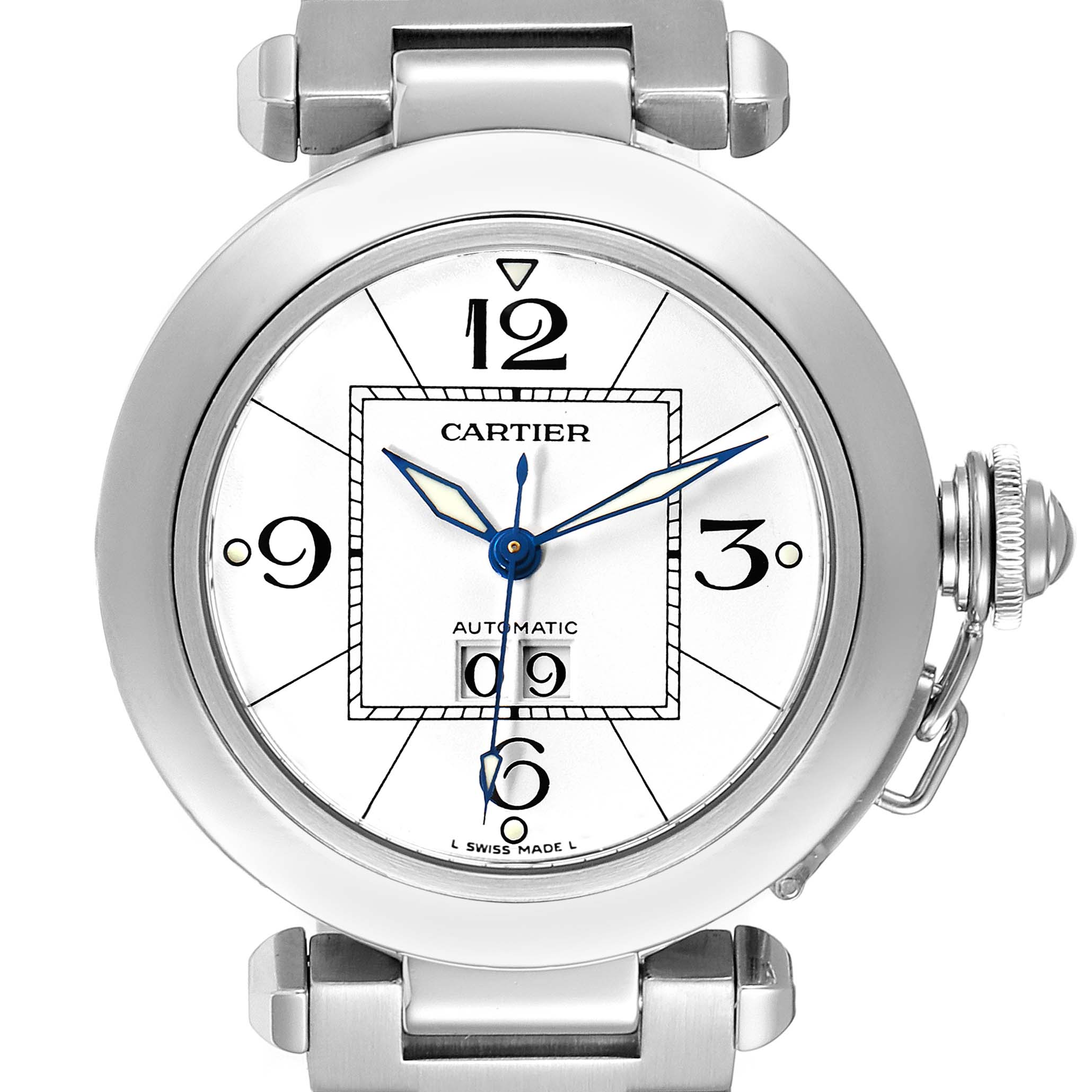 This image shows a frontal view of the dial and bezel of the Cartier Pasha W31055M7 Men's Stainless Steel White Dial W31055M7 Men's Stainless Steel White Dial watch.