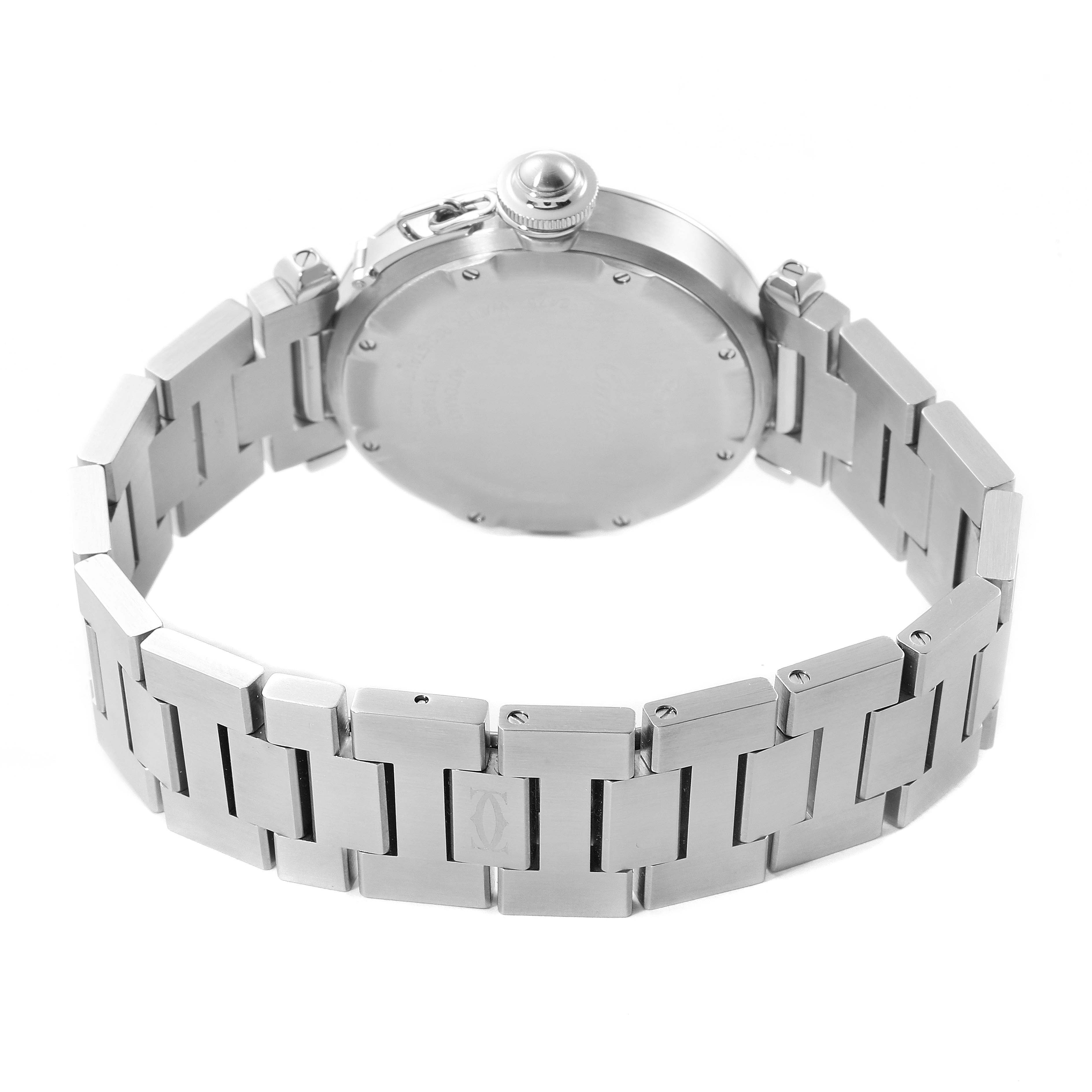 The image shows the back casing and metal bracelet of a Cartier Pasha W31055M7 Men's Stainless Steel White Dial W31055M7 Men's Stainless Steel White Dial watch.