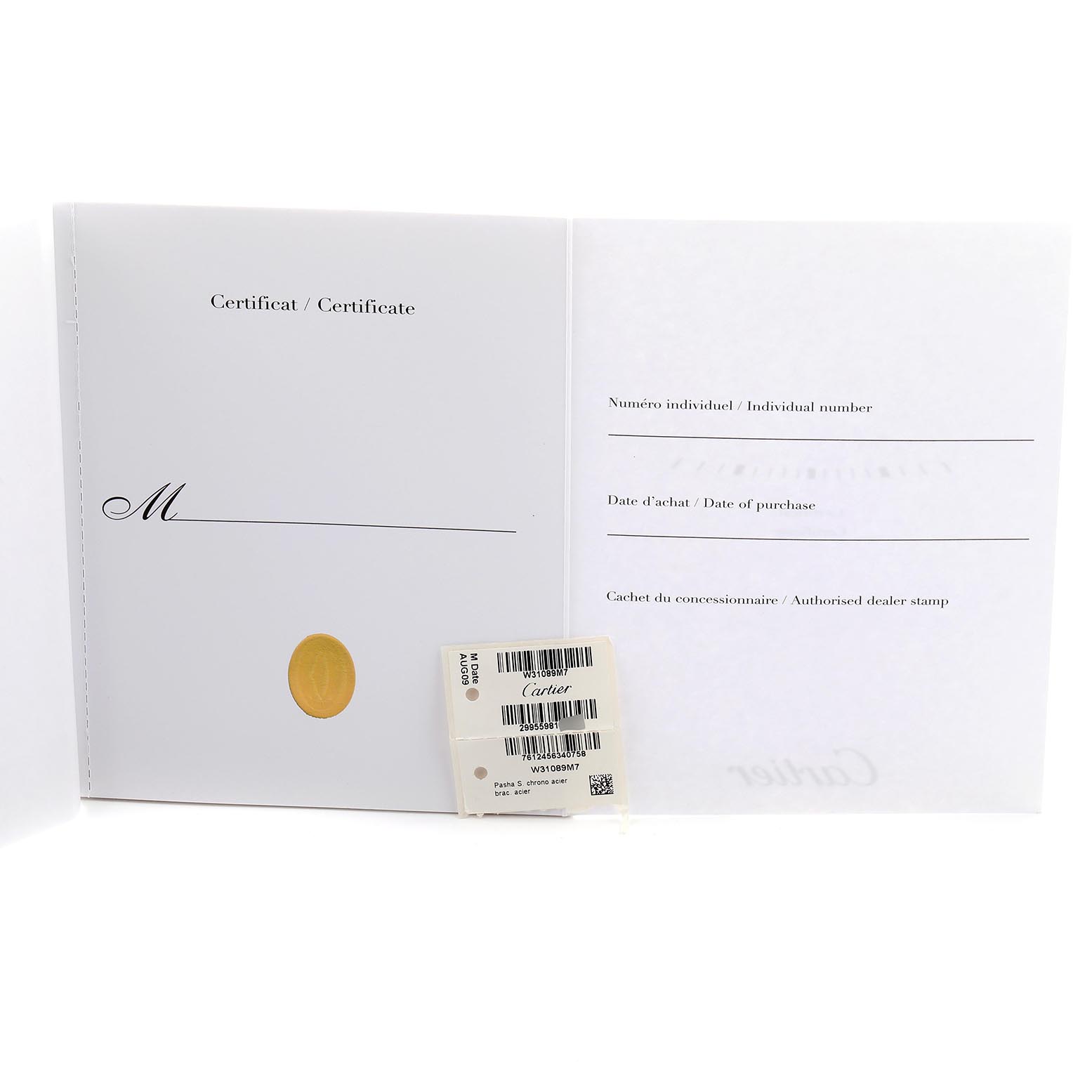 The image shows the certificate and tag for a Cartier Pasha W31089M7 Men
s Stainless Steel Silver Dial W31089M7 Men
s Stainless Steel Silver Dial watch, with no watch visible.