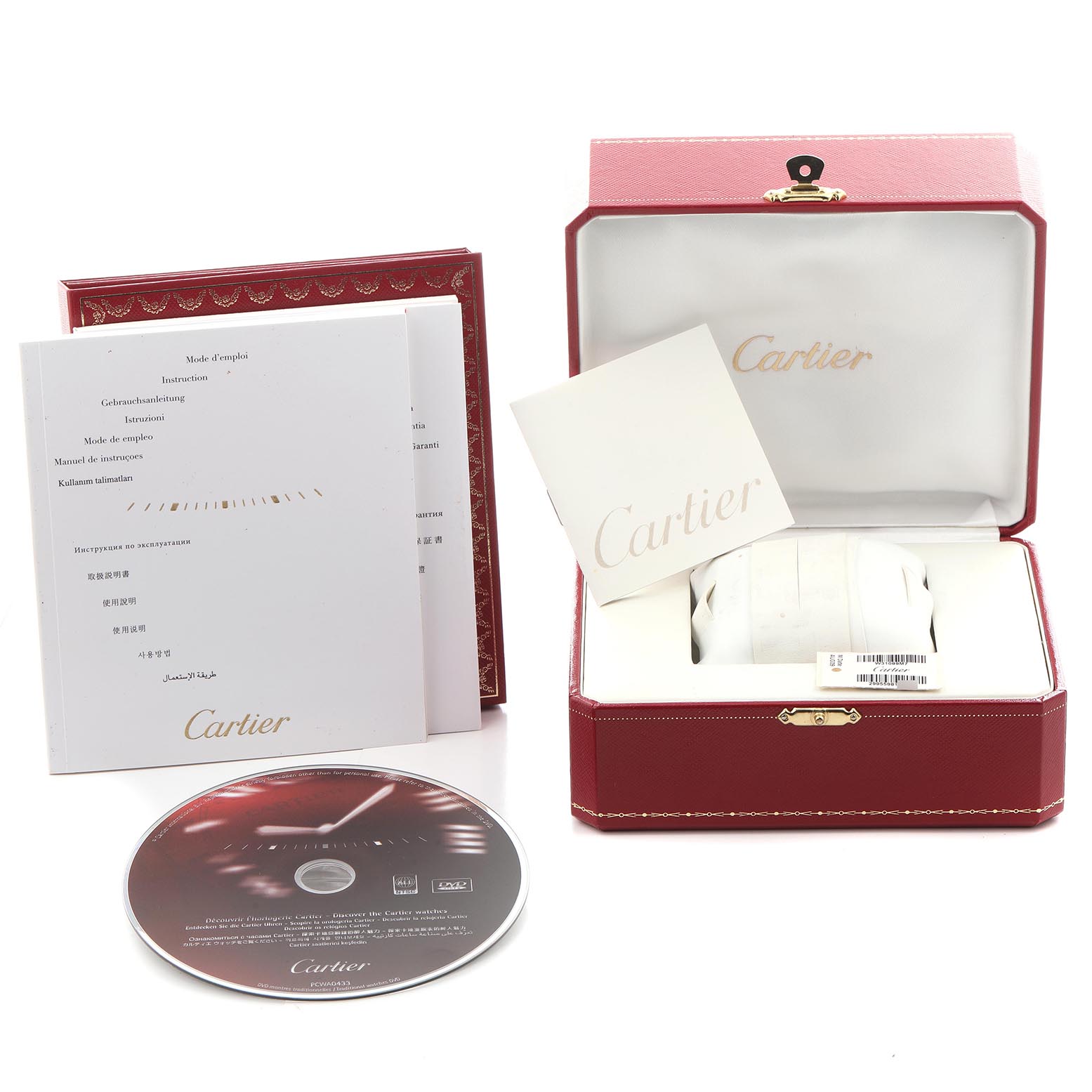 The Cartier Pasha W31089M7 Men
s Stainless Steel Silver Dial W31089M7 Men
s Stainless Steel Silver Dial watch accessories shown include an open box, manuals, and a CD, displayed from a front angle.