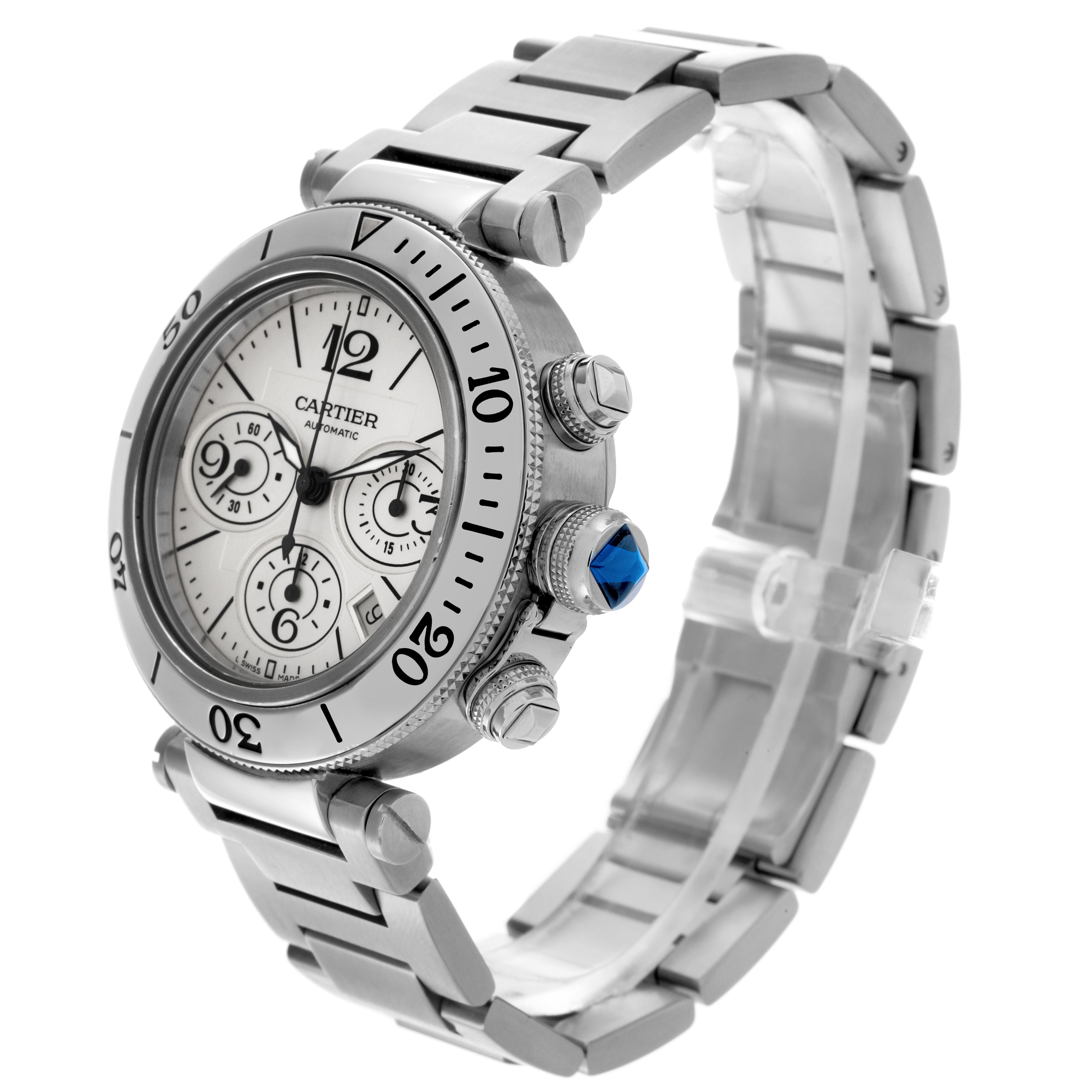 The Cartier Pasha W31089M7 Men
s Stainless Steel Silver Dial W31089M7 Men
s Stainless Steel Silver Dial watch is shown at a three-quarter angle, displaying the face, bezel, crown, and metal bracelet.