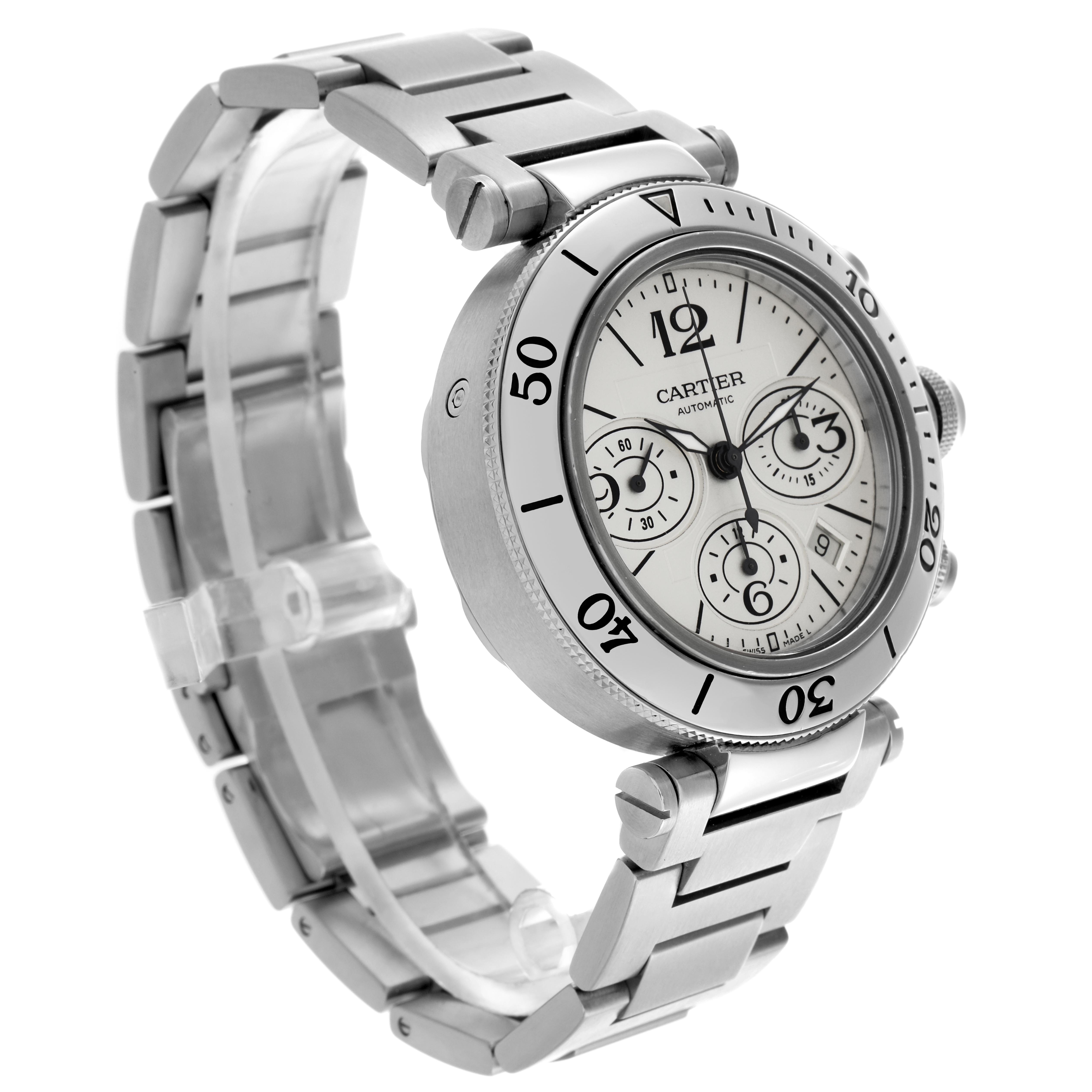 The Cartier Pasha W31089M7 Men
s Stainless Steel Silver Dial W31089M7 Men
s Stainless Steel Silver Dial watch is shown at a three-quarter angle, revealing the bezel, face, and bracelet.