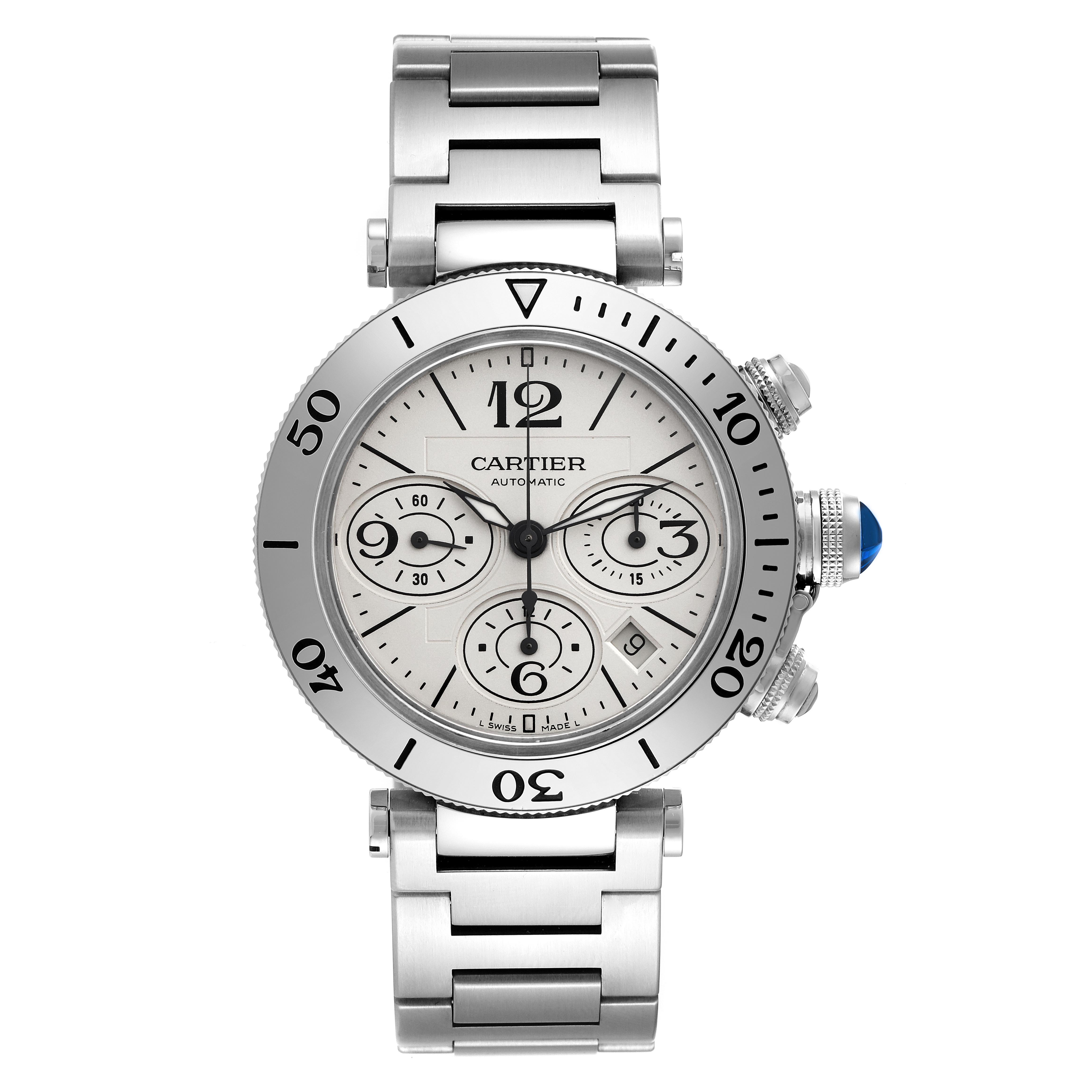 The Cartier Pasha W31089M7 Men
s Stainless Steel Silver Dial W31089M7 Men
s Stainless Steel Silver Dial watch is shown from a top view, displaying the dial, bezel, crown, and bracelet.