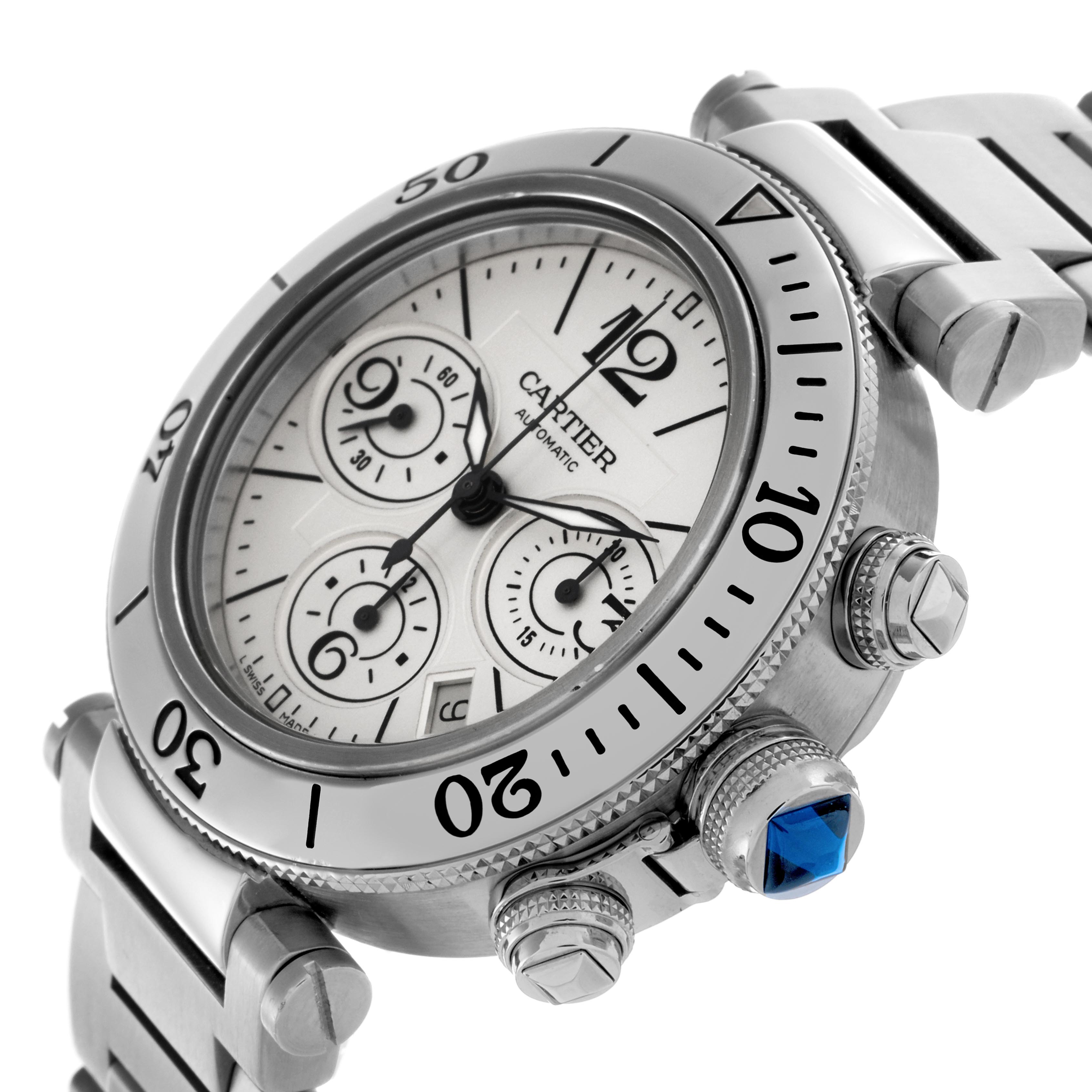 The Cartier Pasha W31089M7 Men
s Stainless Steel Silver Dial W31089M7 Men
s Stainless Steel Silver Dial watch is shown at an angle highlighting the bezel, dial, crown, chronograph subdials, and part of the bracelet.