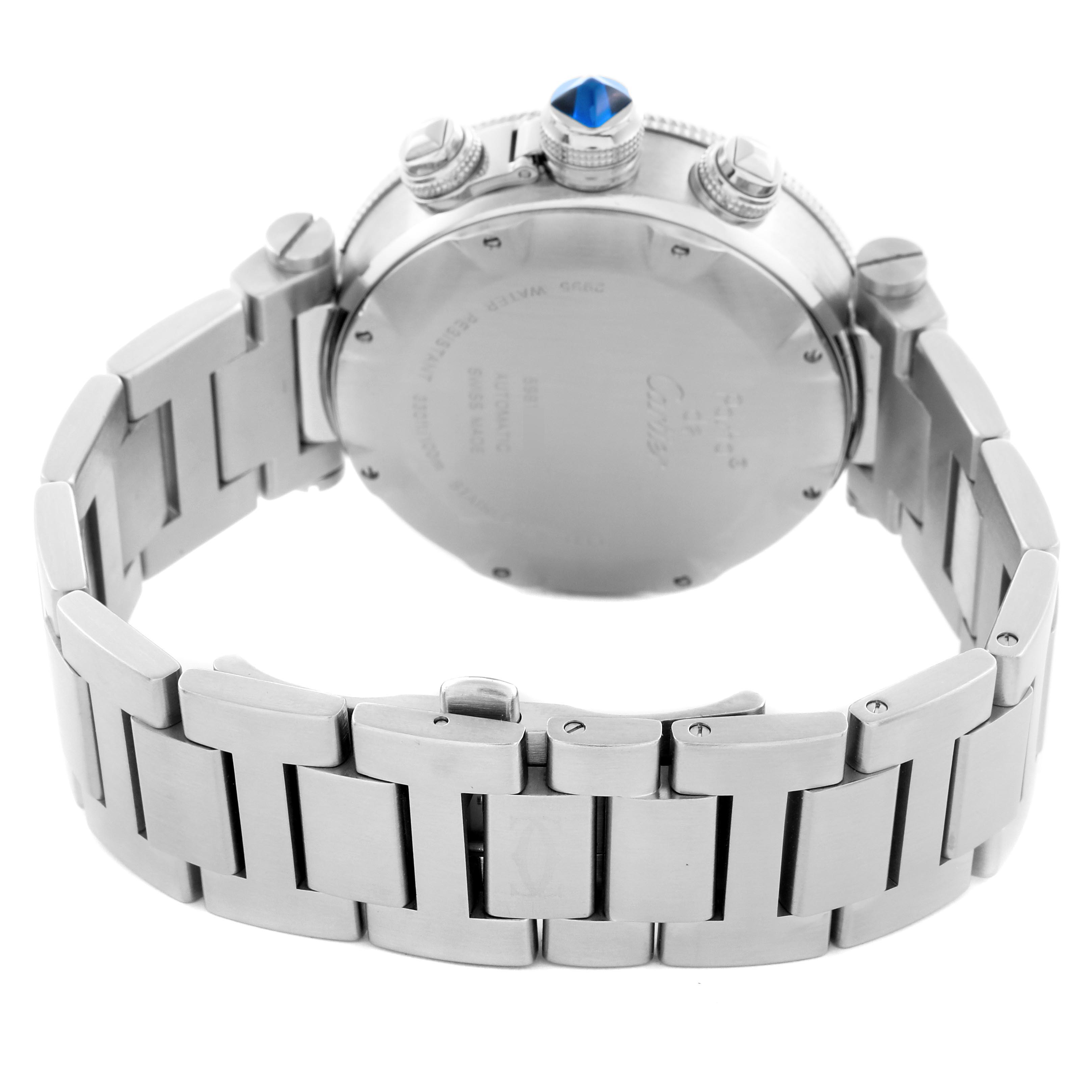 The Cartier Pasha W31089M7 Men
s Stainless Steel Silver Dial W31089M7 Men
s Stainless Steel Silver Dial watch is shown from the back, highlighting the case back, bracelet, and crown.
