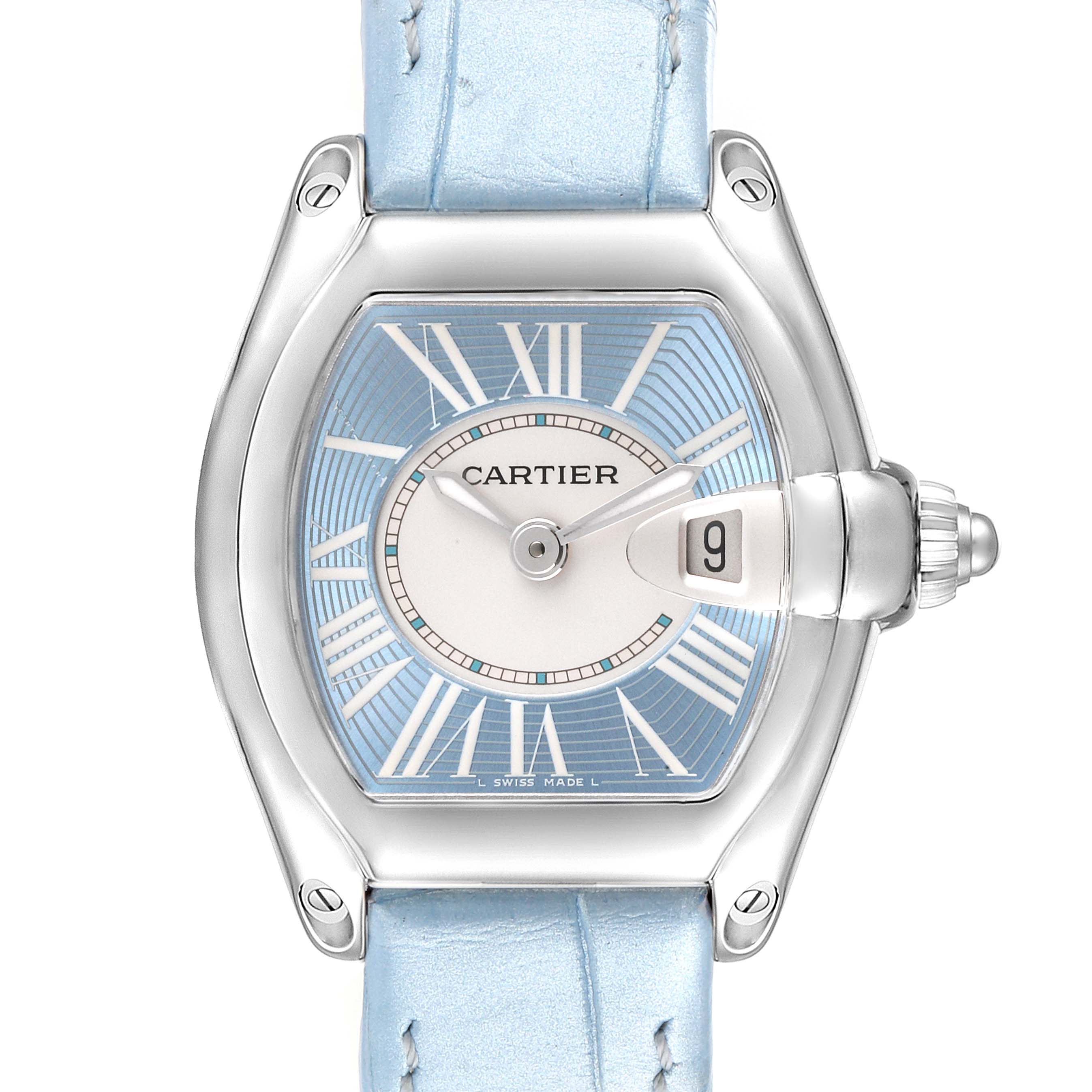 The image shows a Cartier Roadster W62053V3 Women's Stainless Steel Blue Dial W62053V3 Women's Stainless Steel Blue Dial watch head-on, highlighting the dial, crown, and part of the blue strap.