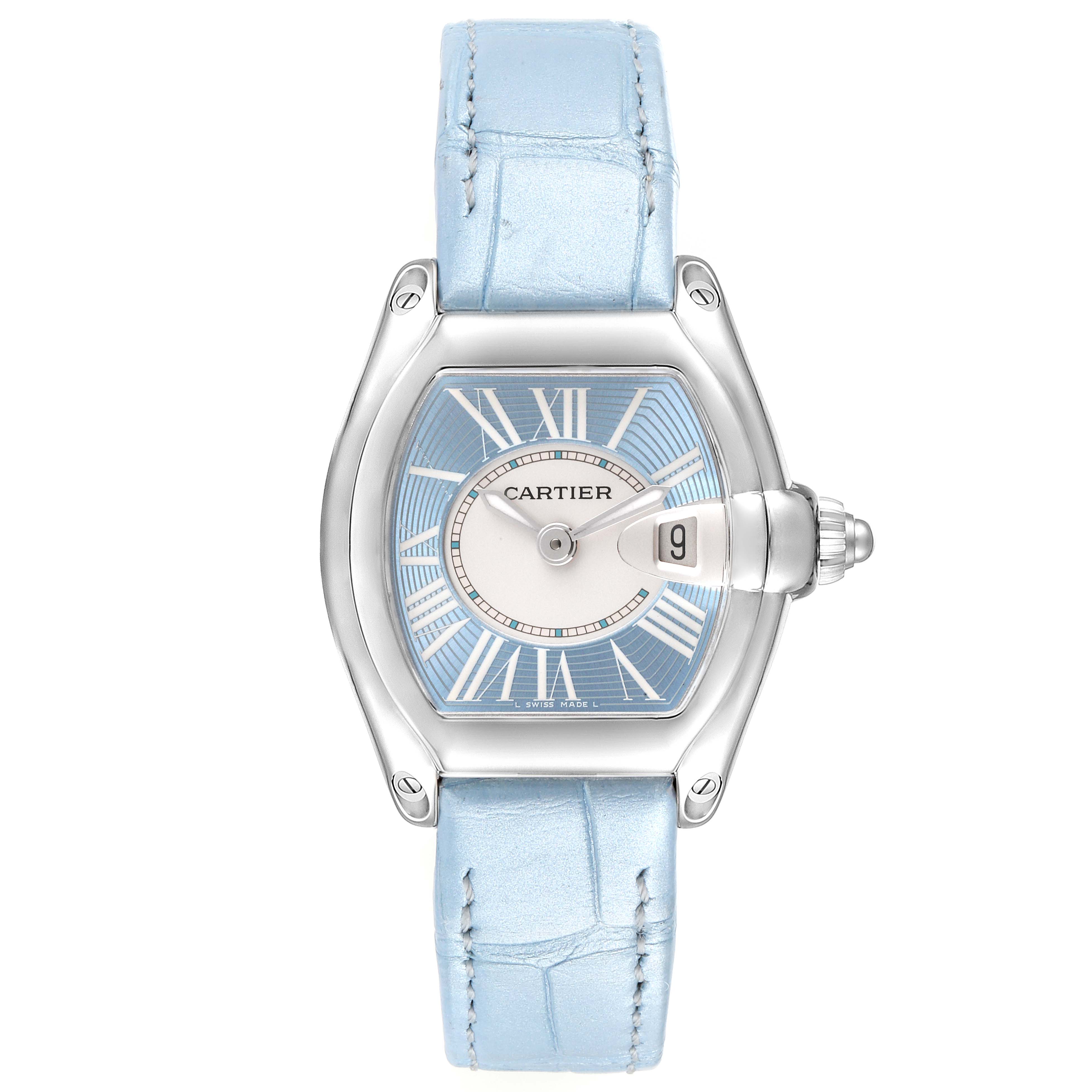 This image shows a Cartier Roadster W62053V3 Women's Stainless Steel Blue Dial W62053V3 Women's Stainless Steel Blue Dial watch from a top-down angle, featuring its face, case, crown, and light blue leather strap.