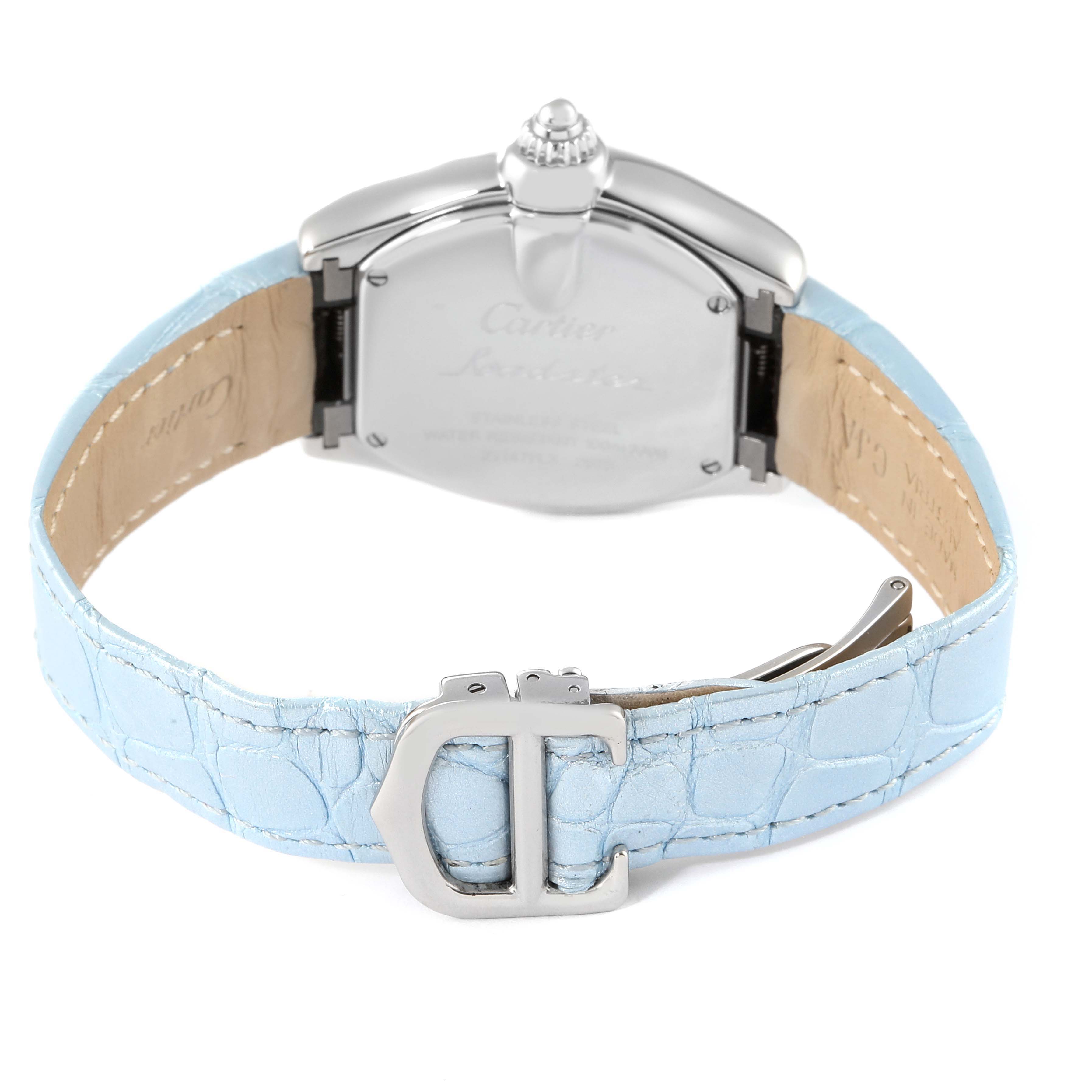 This image shows the back view of the Cartier Roadster W62053V3 Women's Stainless Steel Blue Dial W62053V3 Women's Stainless Steel Blue Dial watch, focusing on its light blue leather strap and buckle.