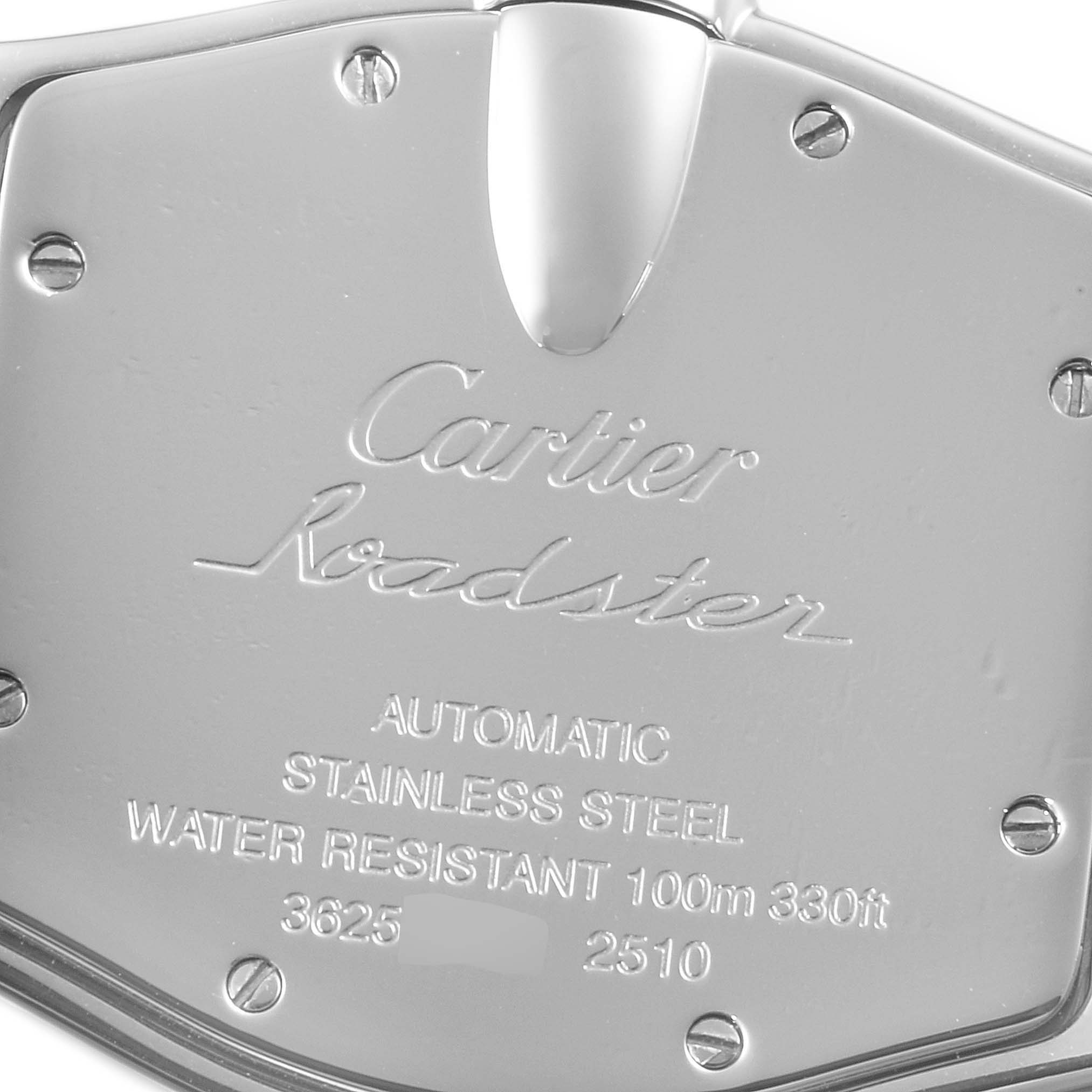 This image shows the back cover of a Cartier Roadster W62000V3 Men
s Stainless Steel Silver Dial W62000V3 Men
s Stainless Steel Silver Dial watch, highlighting its stainless steel construction and water resistance.
