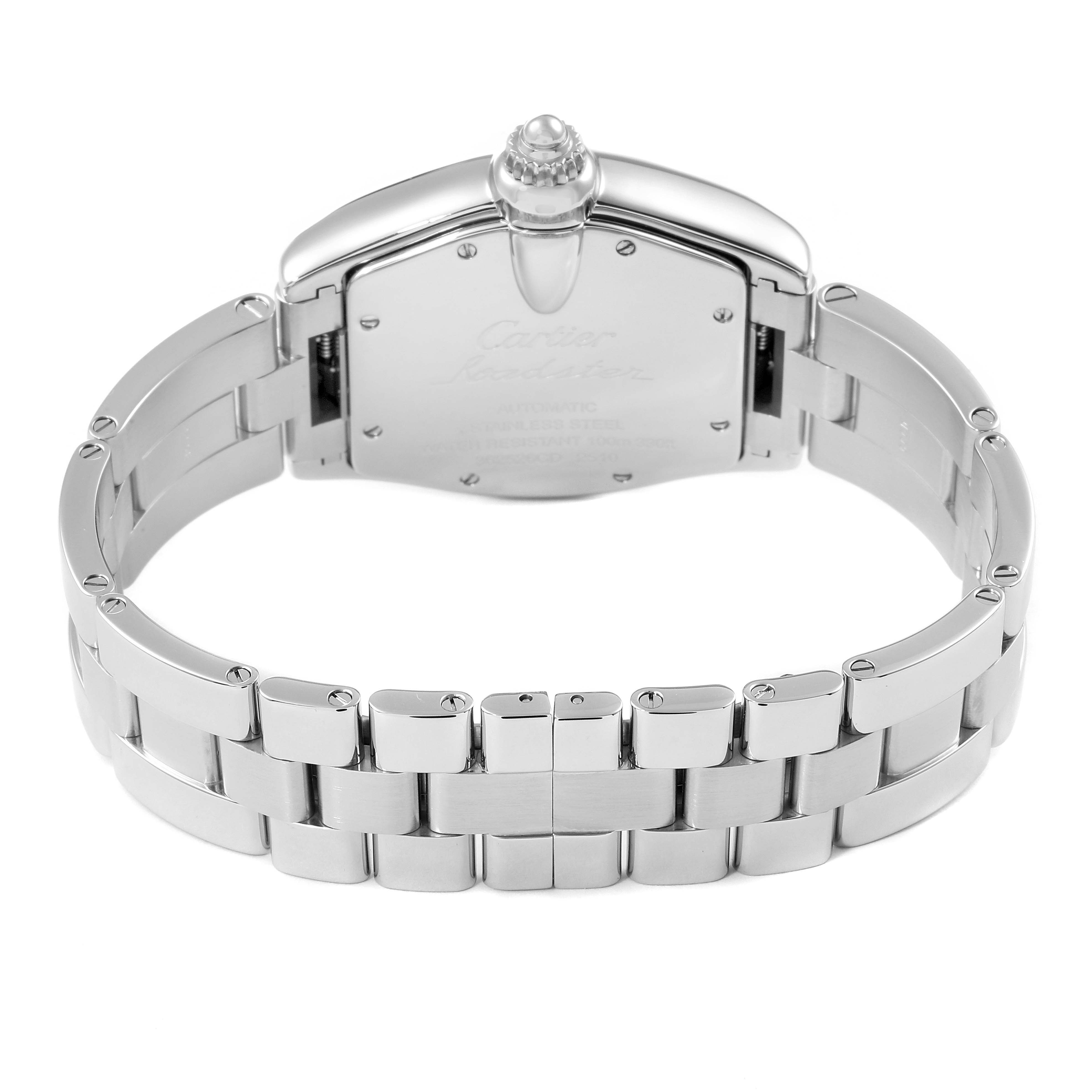 The image shows the back view of a Cartier Roadster W62000V3 Men
s Stainless Steel Silver Dial W62000V3 Men
s Stainless Steel Silver Dial watch, highlighting the metal bracelet and case back.