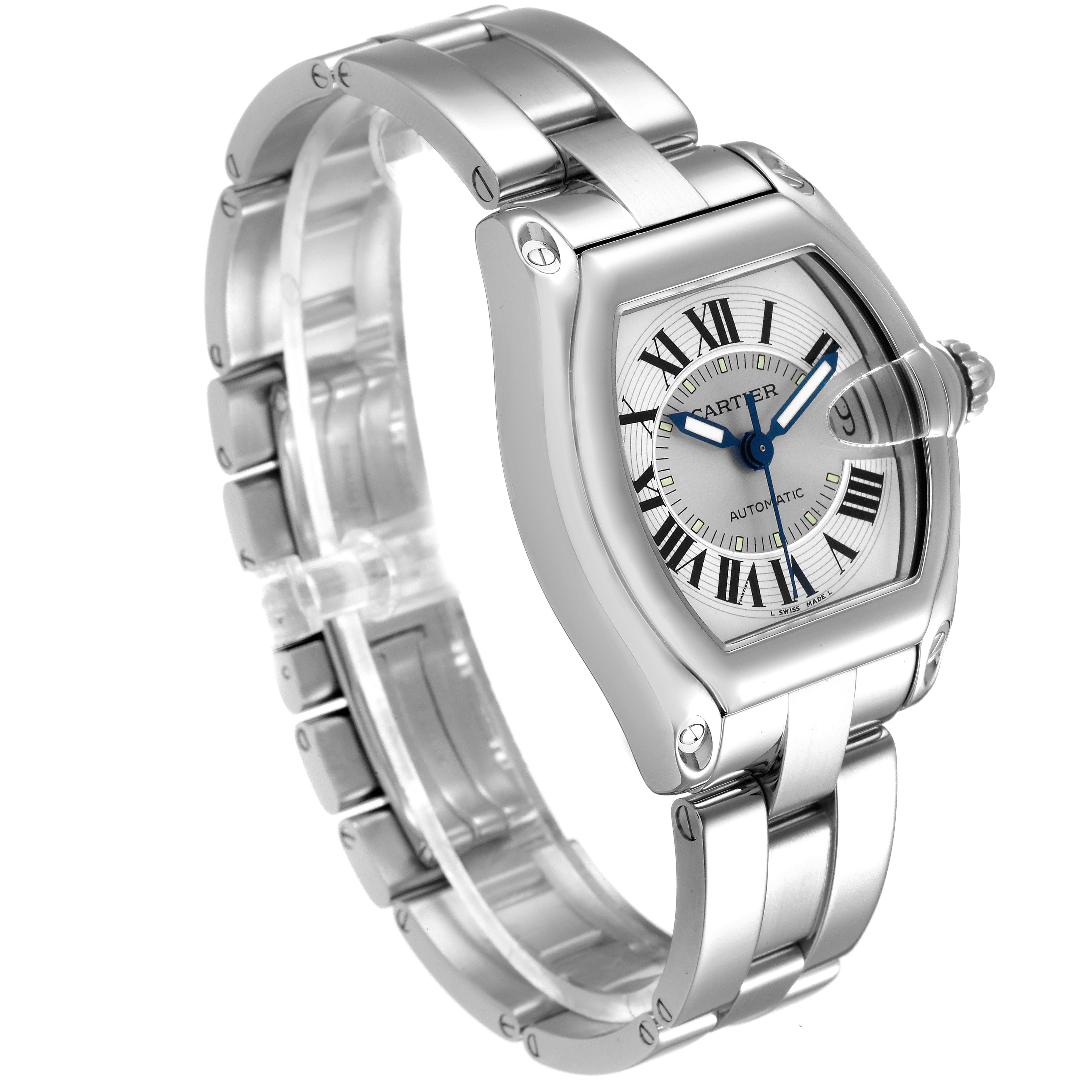 The Cartier Roadster W62000V3 Men
s Stainless Steel Silver Dial W62000V3 Men
s Stainless Steel Silver Dial watch is shown from a front angle, highlighting its silver bracelet, white dial, and distinctive crown.