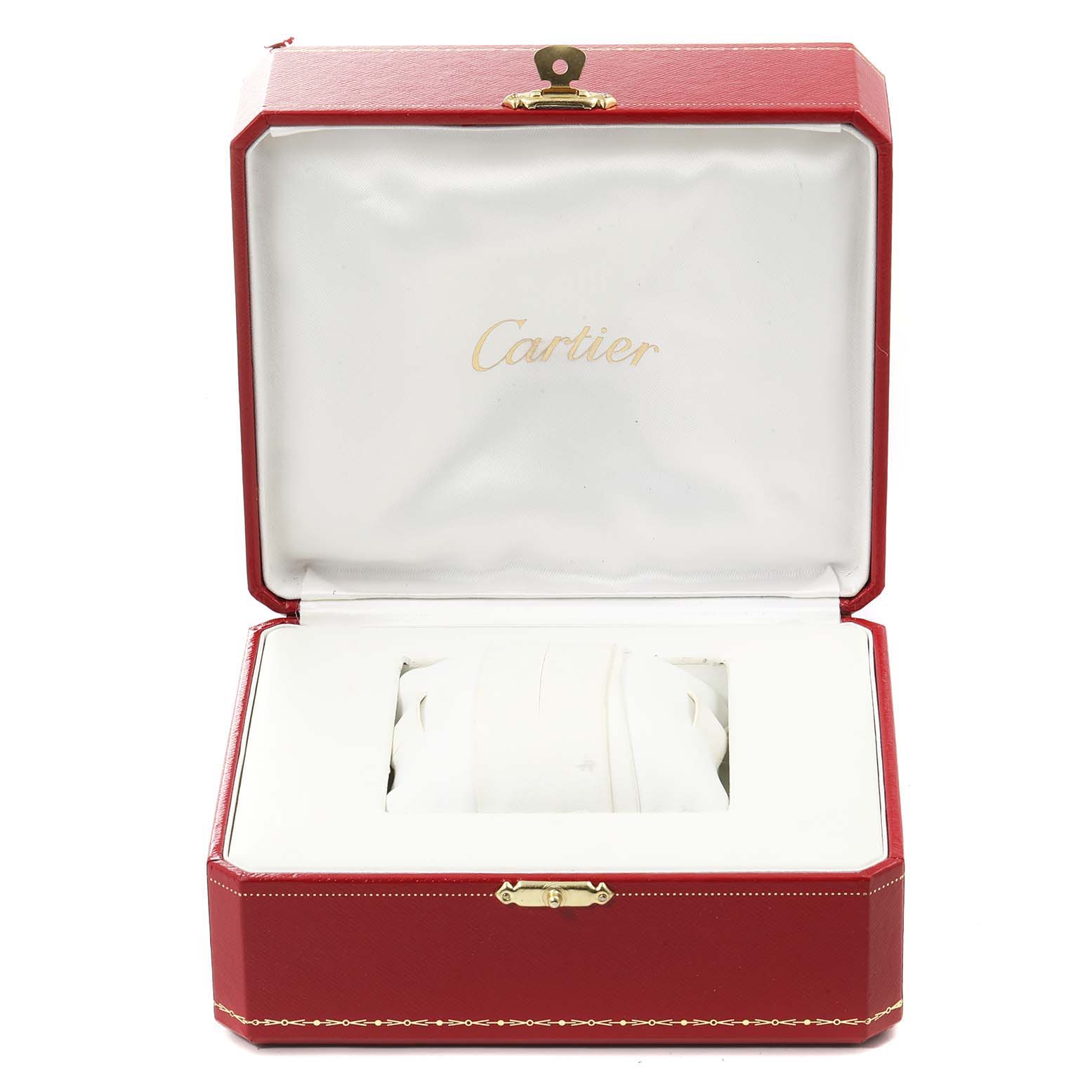 The image shows an open Cartier box for the Roadster model watch, featuring its red exterior and cushioned interior.