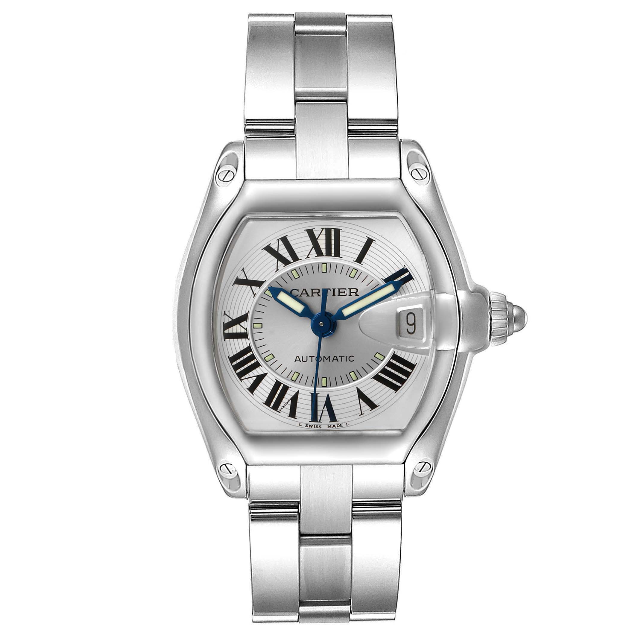 Front view of a Cartier Roadster W62000V3 Men
s Stainless Steel Silver Dial W62000V3 Men
s Stainless Steel Silver Dial watch showing the face, bezel, crown, and stainless steel bracelet.