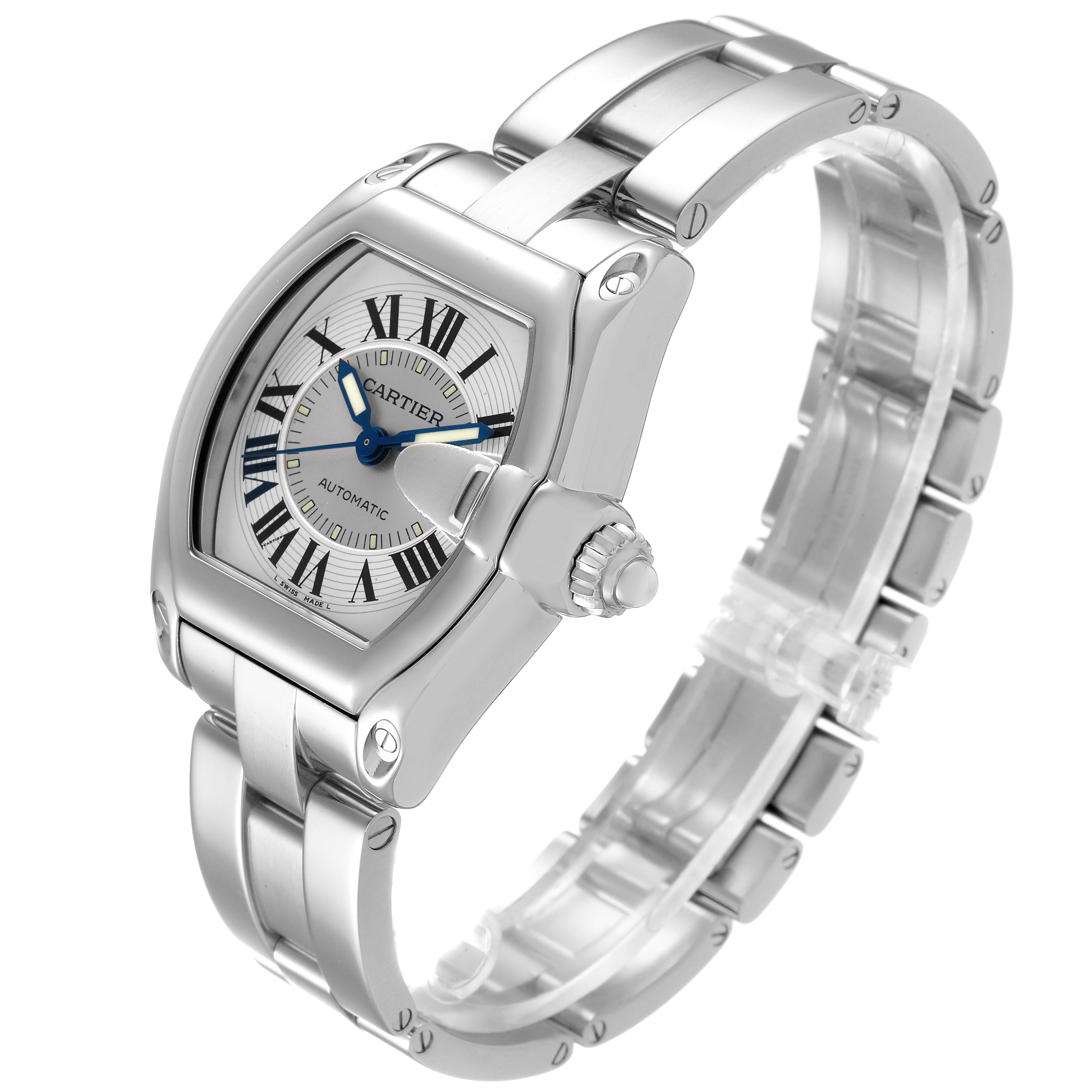 The Cartier Roadster W62000V3 Men
s Stainless Steel Silver Dial W62000V3 Men
s Stainless Steel Silver Dial watch is shown at a three-quarter angle, highlighting the face, crown, and bracelet.