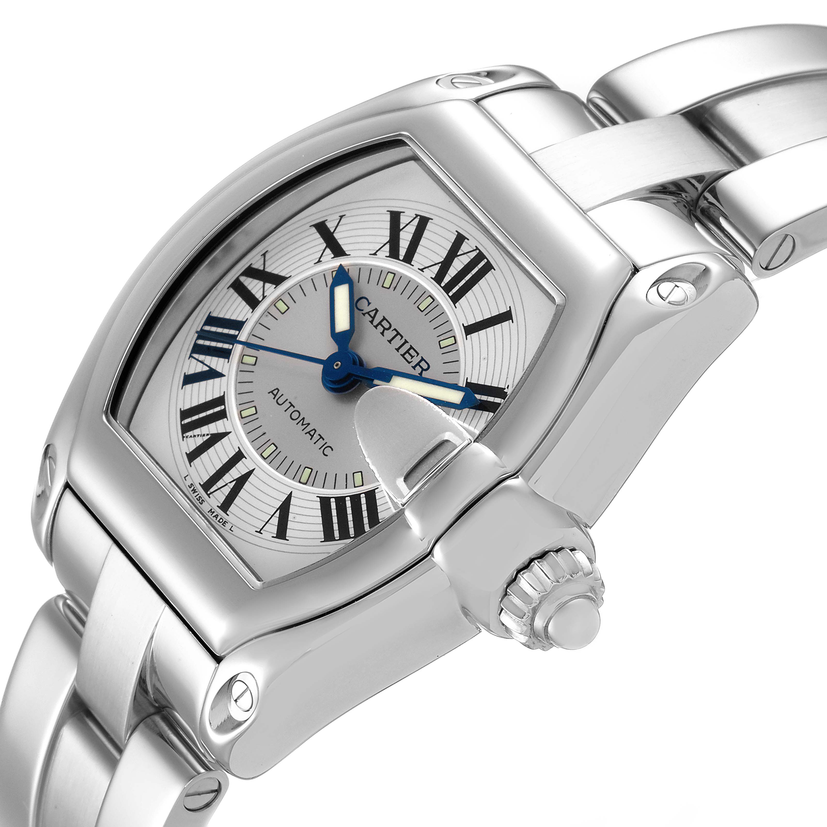 The image shows a close-up angle of the Cartier Roadster W62000V3 Men
s Stainless Steel Silver Dial W62000V3 Men
s Stainless Steel Silver Dial watch, highlighting the dial, crown, and part of the metal bracelet.