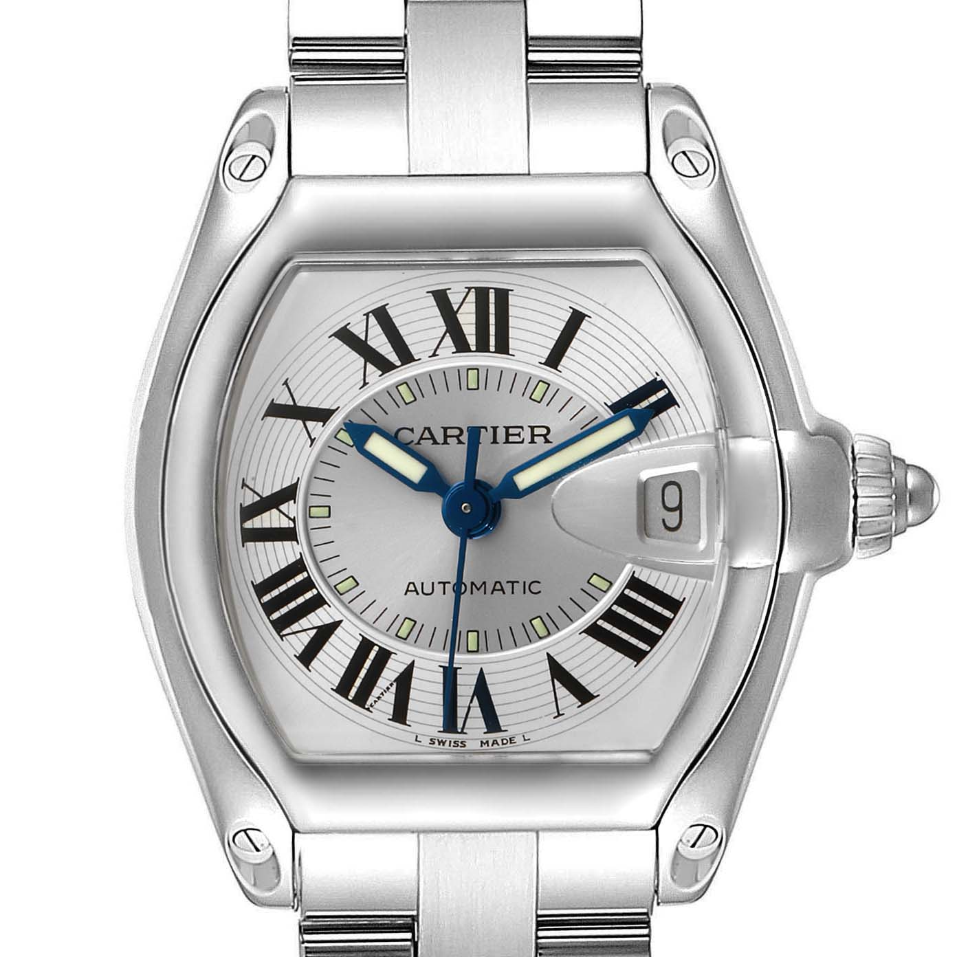 This image shows a front view of the Cartier Roadster W62000V3 Men
s Stainless Steel Silver Dial W62000V3 Men
s Stainless Steel Silver Dial watch, displaying its dial, hands, date window, and part of its bracelet.