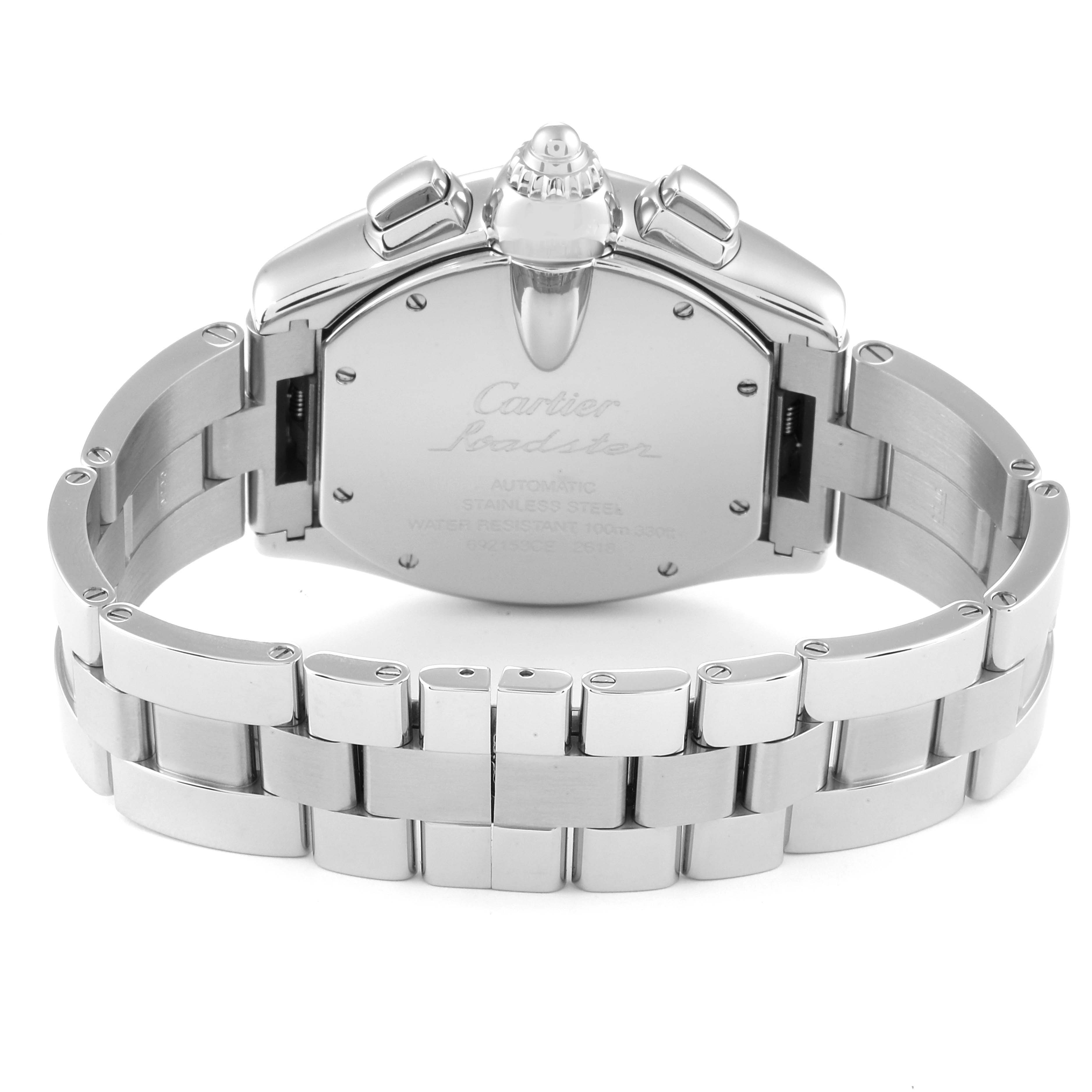This image shows the back case and stainless steel bracelet of the Cartier Roadster W62019X6 Men's Stainless Steel Silver Dial W62019X6 Men's Stainless Steel Silver Dial watch model.