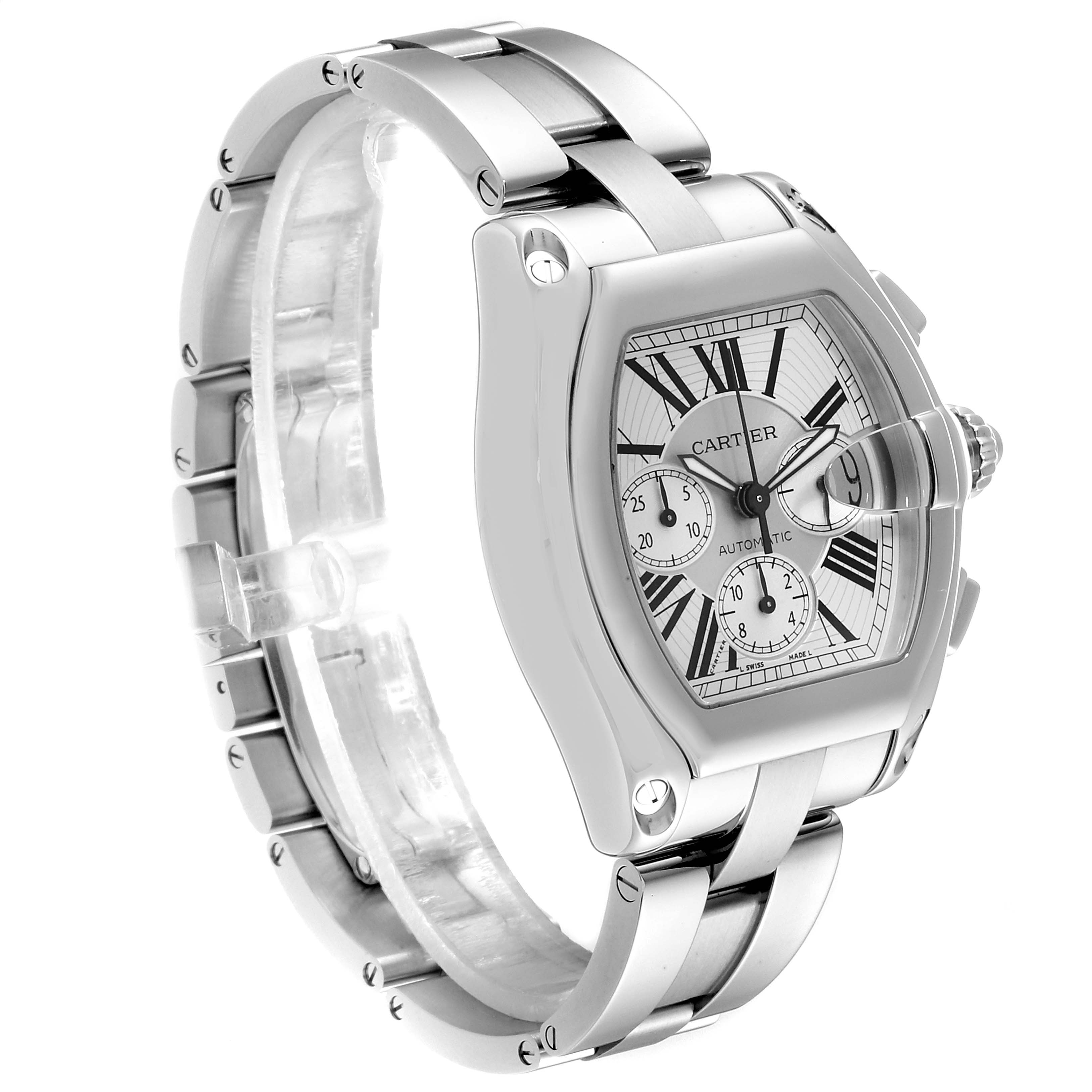 The image shows a Cartier Roadster W62019X6 Men's Stainless Steel Silver Dial W62019X6 Men's Stainless Steel Silver Dial watch at a three-quarter angle, highlighting its face, crown, and bracelet.