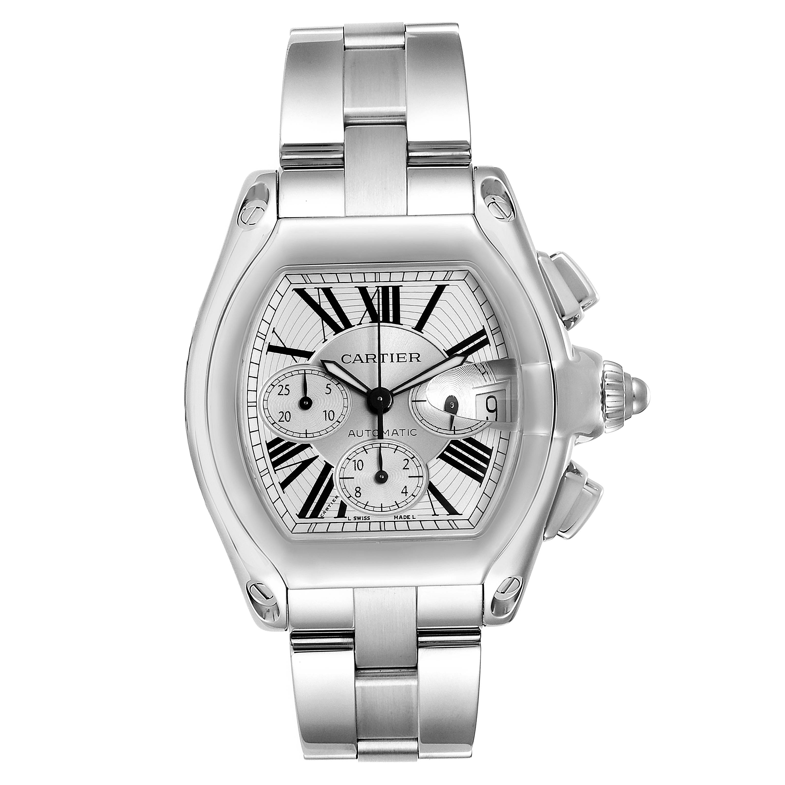 This image shows a Cartier Roadster W62019X6 Men's Stainless Steel Silver Dial W62019X6 Men's Stainless Steel Silver Dial watch from the front, displaying the dial, bracelet, and crown.