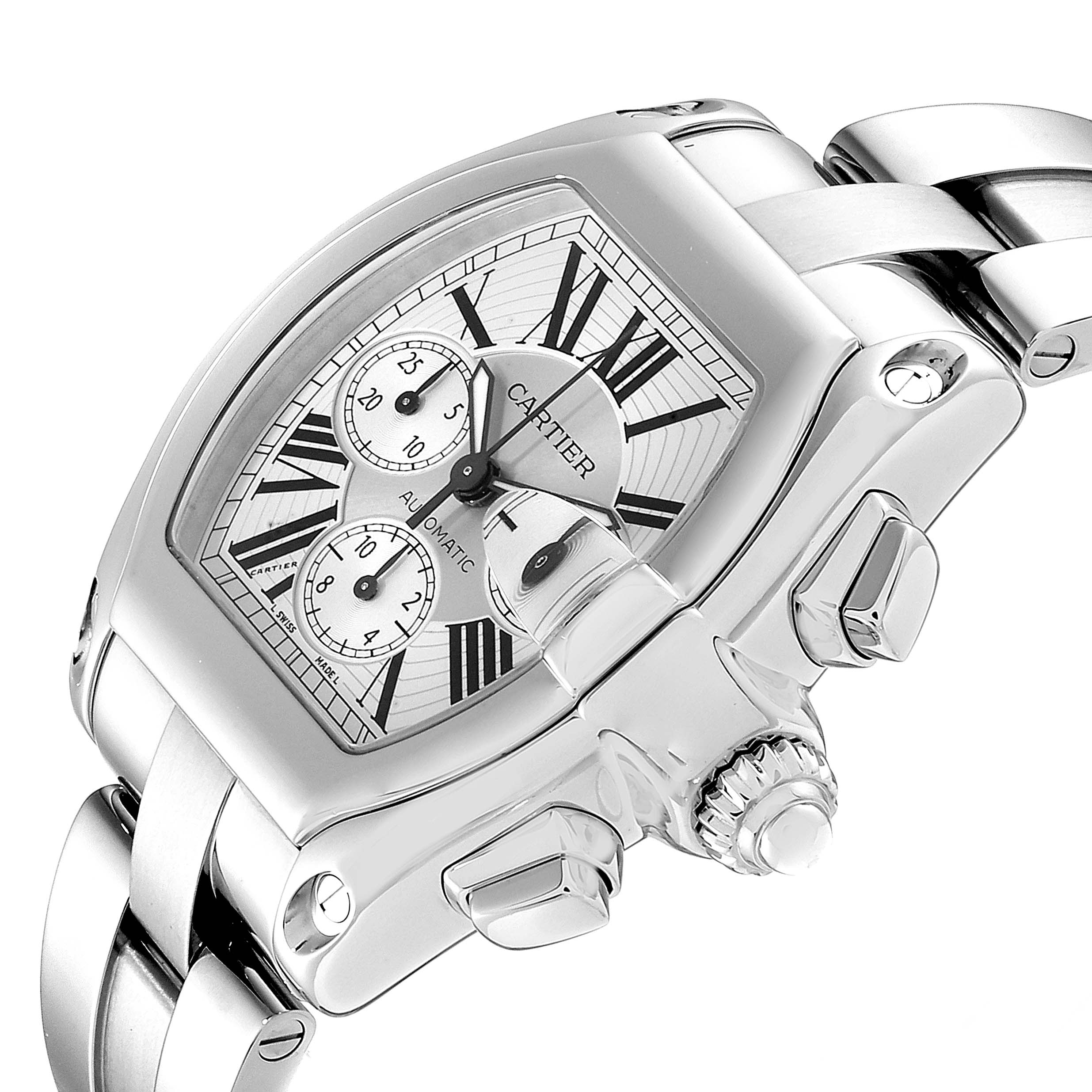 The image shows a close-up, side angle of a Cartier Roadster W62019X6 Men's Stainless Steel Silver Dial W62019X6 Men's Stainless Steel Silver Dial watch, highlighting the face and crown.