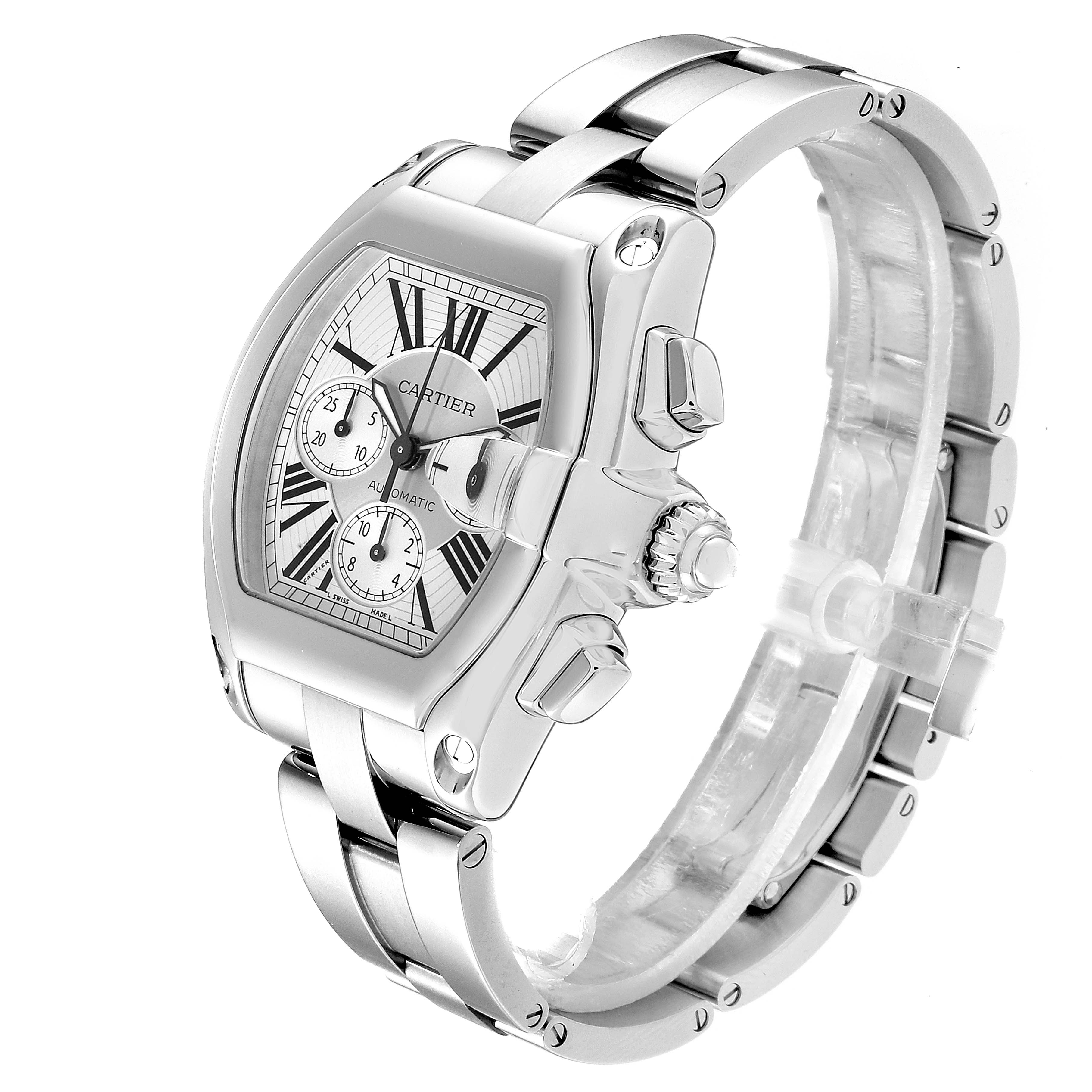 The Cartier Roadster W62019X6 Men's Stainless Steel Silver Dial W62019X6 Men's Stainless Steel Silver Dial watch is shown at a three-quarter angle, featuring the dial, crown, and stainless steel bracelet.