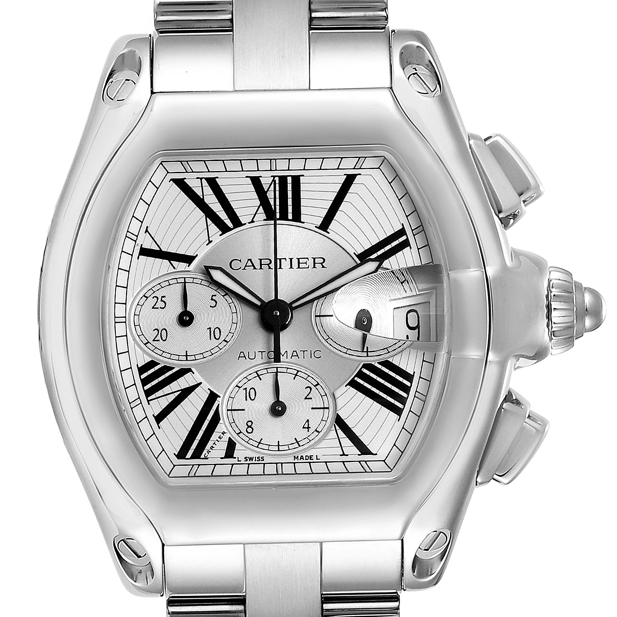 The image shows a frontal view of a Cartier Roadster W62019X6 Men's Stainless Steel Silver Dial W62019X6 Men's Stainless Steel Silver Dial watch, displaying the face, case, and part of the bracelet.