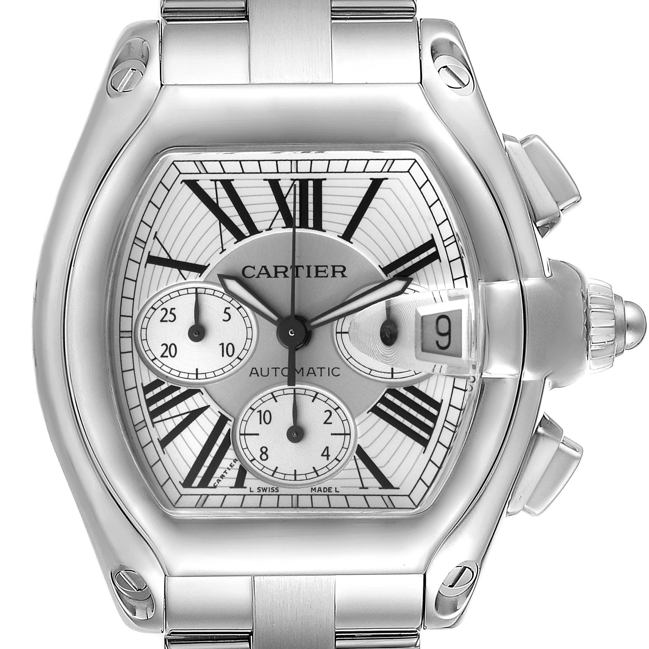 The image shows a front view of a Cartier Roadster W62019X6 Men
s Stainless Steel Silver Dial W62019X6 Men
s Stainless Steel Silver Dial watch, highlighting its dial, chronograph subdials, and date magnifier.